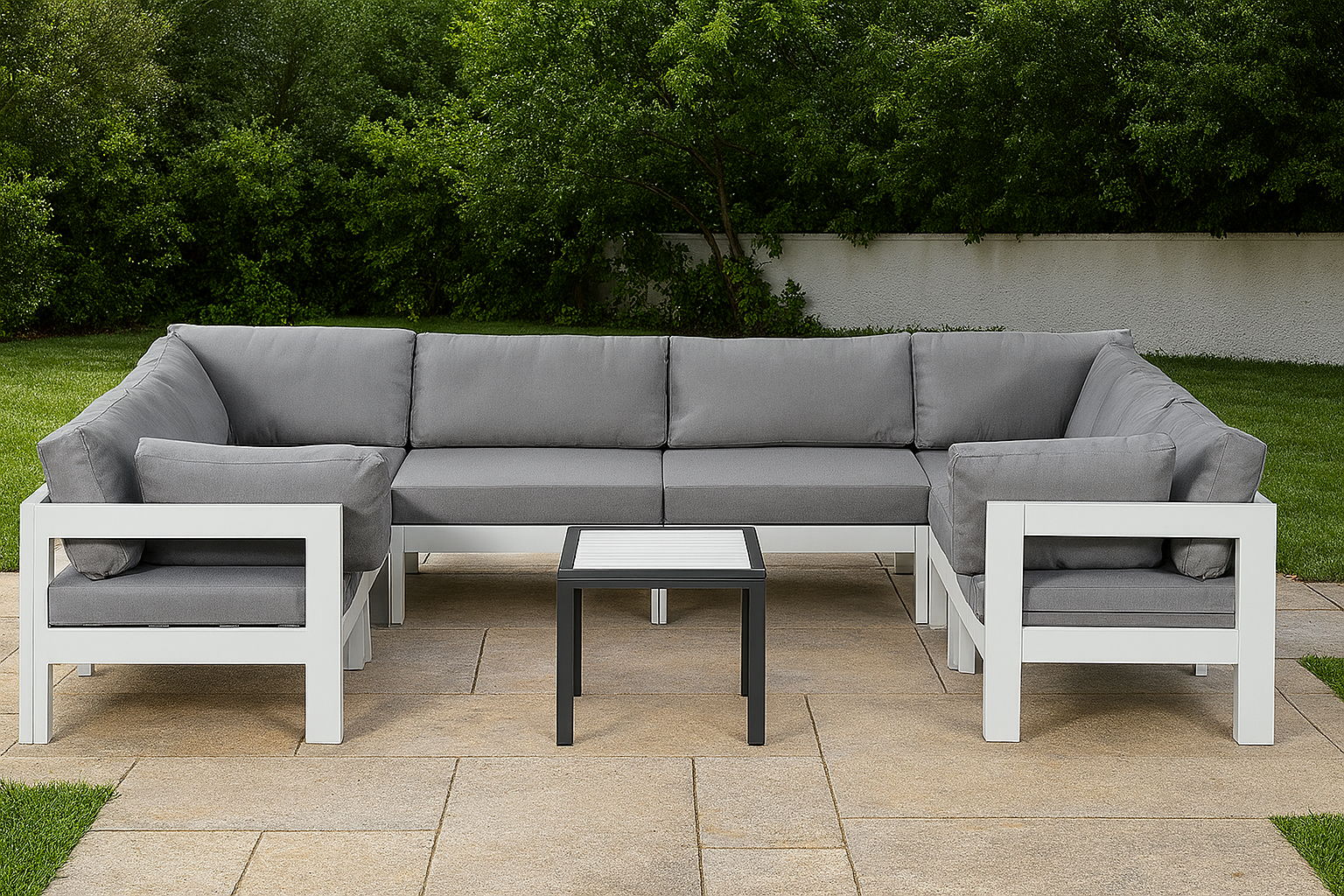 Nizuc - Outdoor Patio 8 Piece Modular U-Shaped Sectional With White Frame - Gray