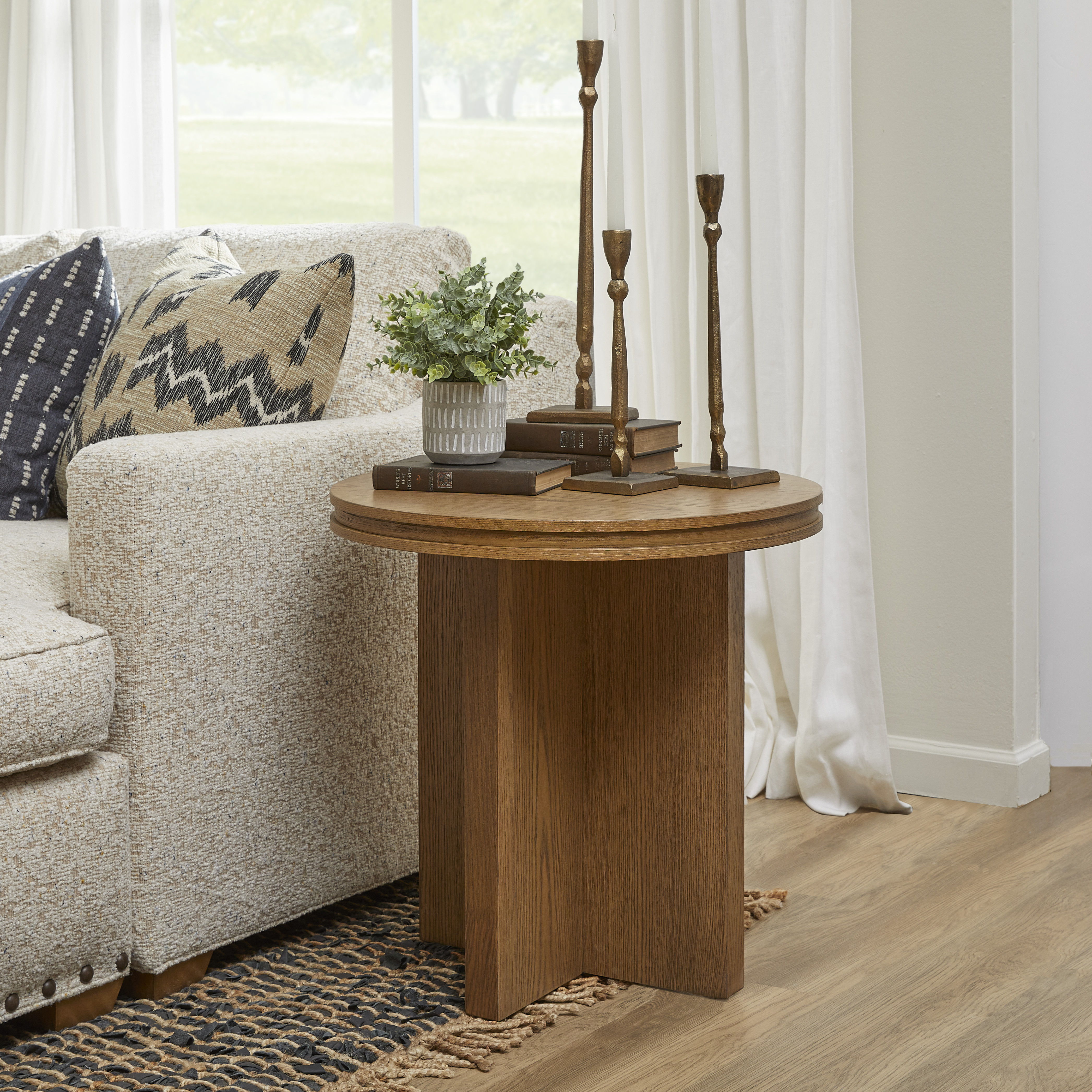 Waterfall - Round End Table - Light Brown, light brown