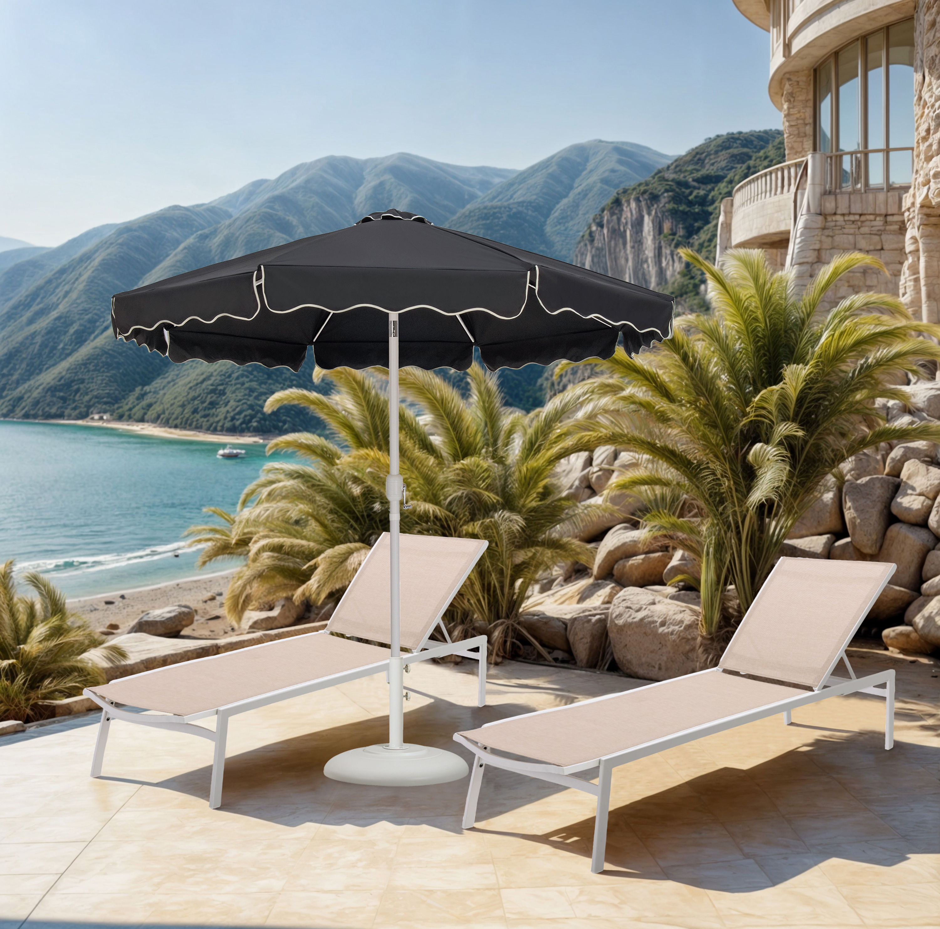 Amalfi - With Cream Piping Aluminum Patio Umbrella With White Base / White Pole - Black