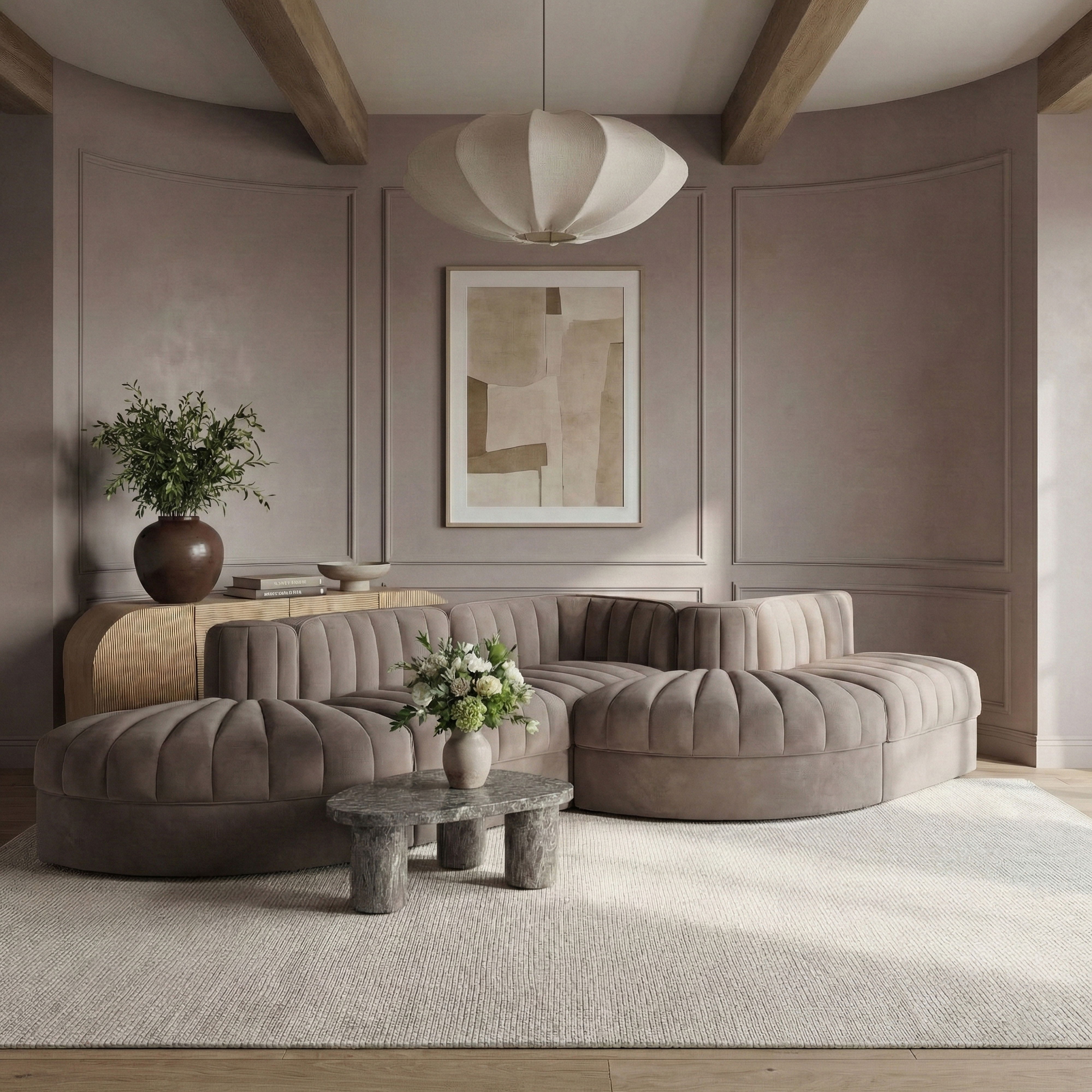Rummi - Rounded Velvet Performance Fabric Upholstered 5 Piece Modular Sectional - Taupe