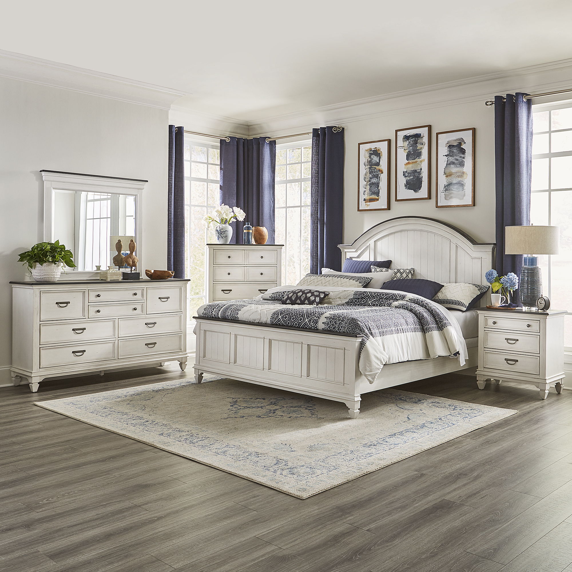 Liberty Furniture Allyson Park - 5 Piece Bedroom Set (King Arched Panel Bed, Dresser & Mirror, Chest, Nightstand) - White