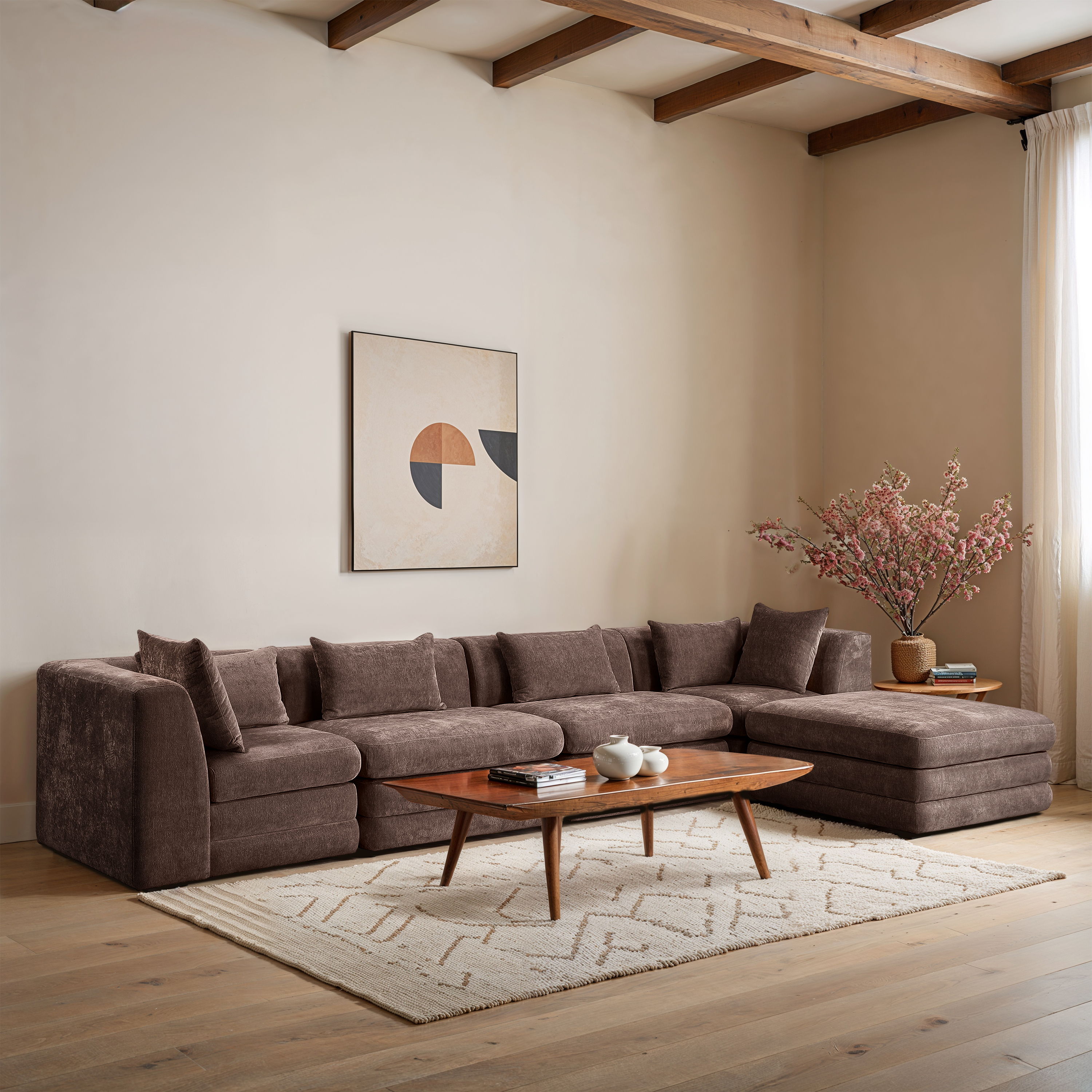 Stellar - 5 Piece Chenille Fabric 152" Upholstered Modular Sectional - Brown