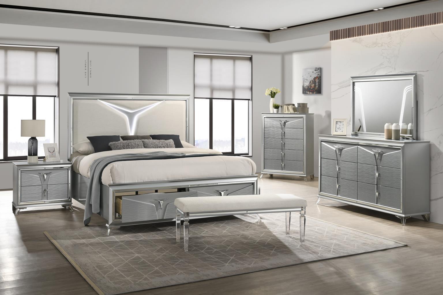 B024 - 3 Piece Bedroom Set (Queen Bed Frame, Dresser, Mirror) - Pearl Silver