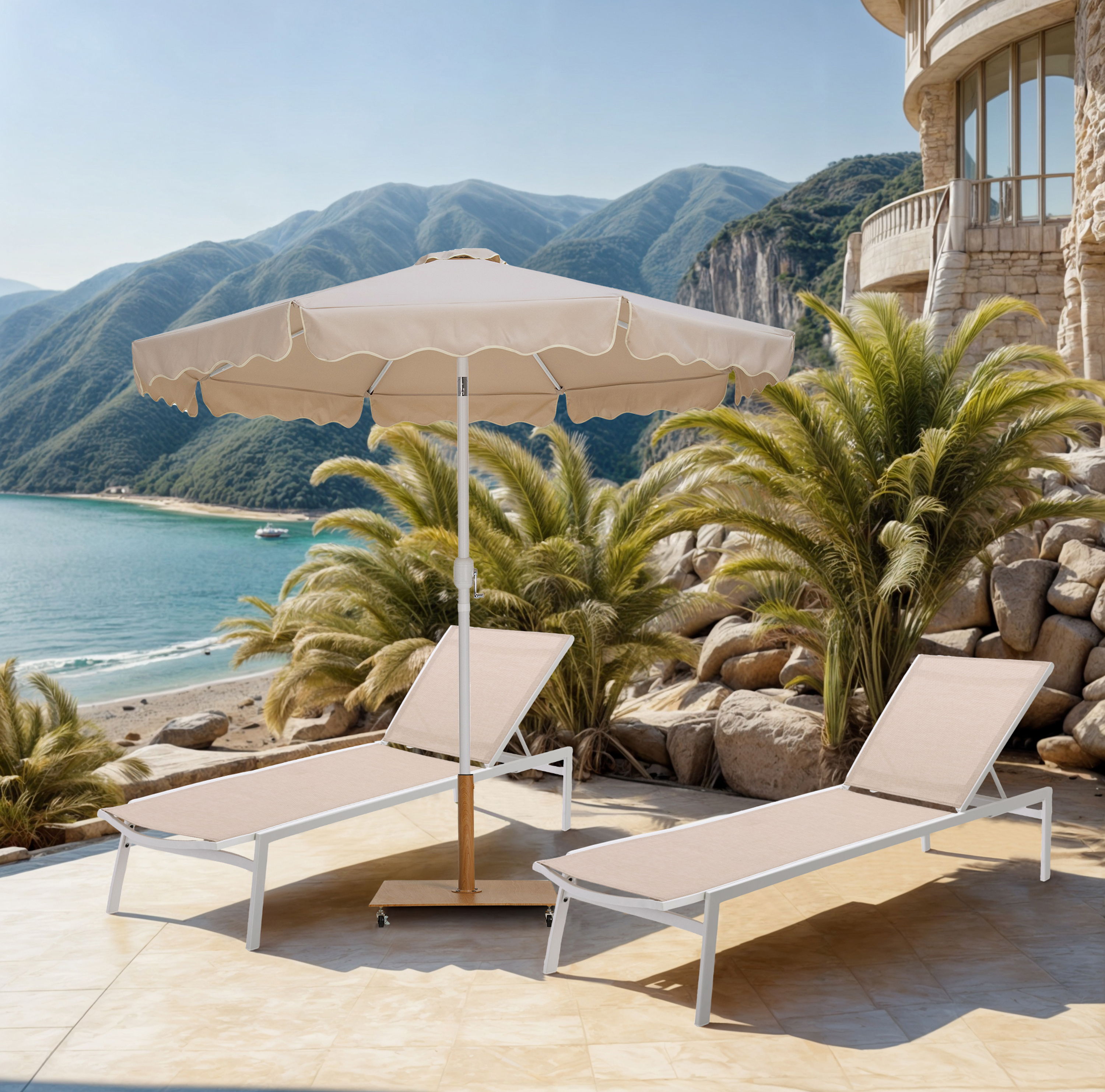 Amalfi - With Cream Piping Aluminum Patio Umbrella with Base Fabric - Beige / Teak