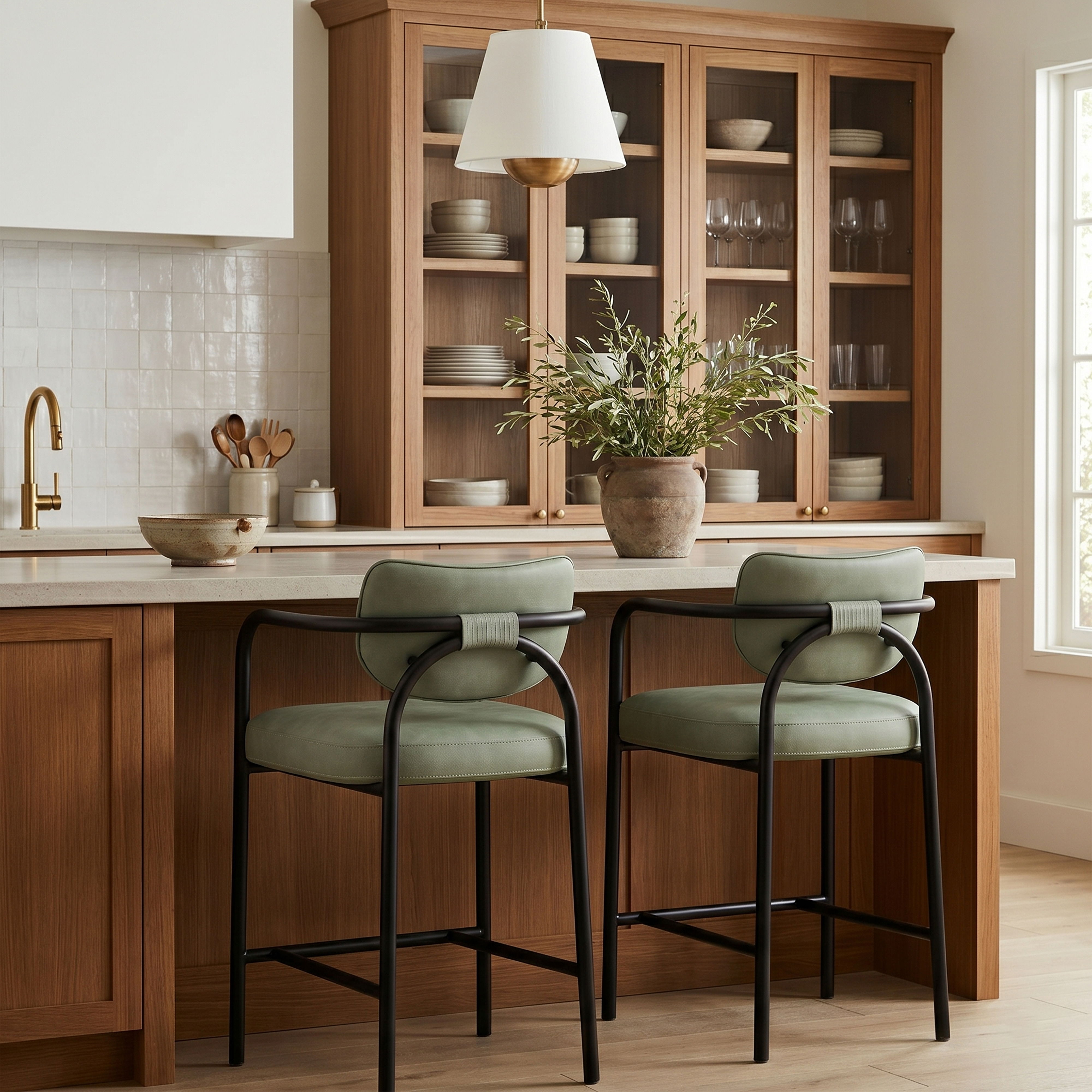 Serava - Vegan Leather Upholstered Counter Stool - Green