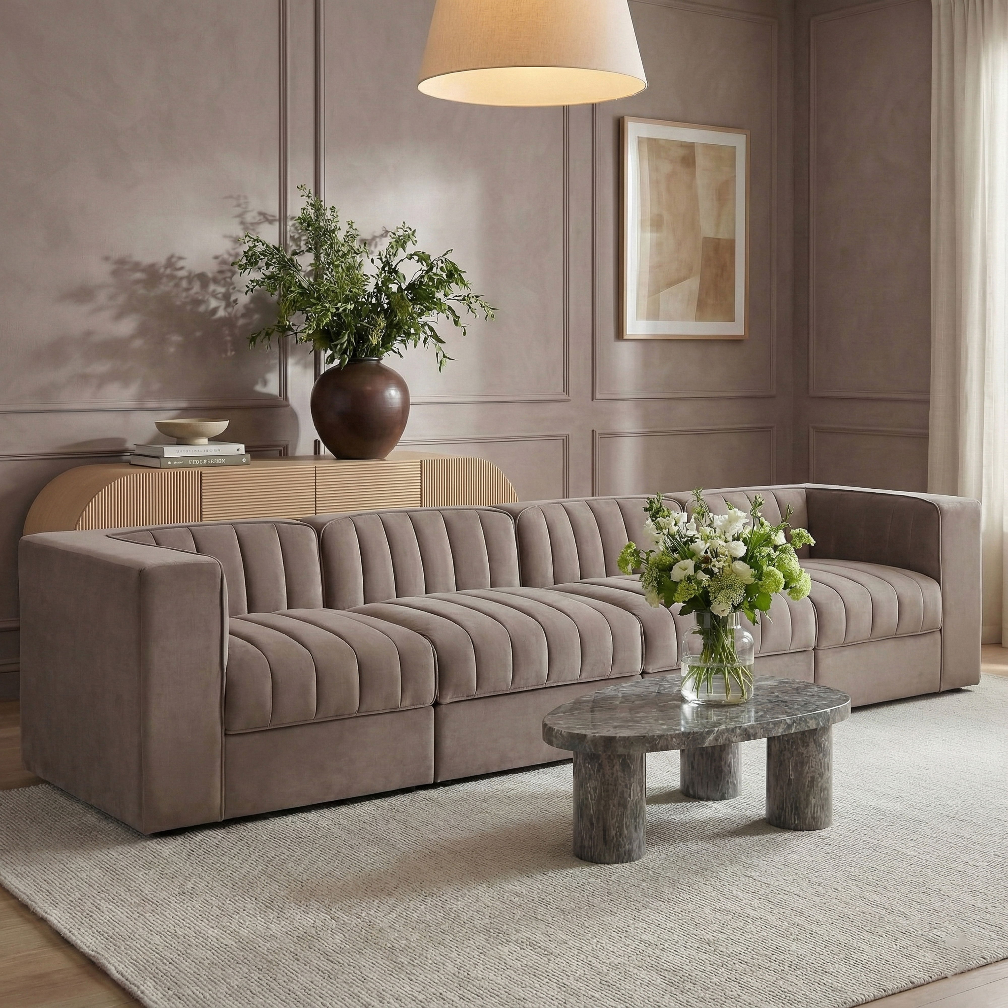 Rummi - Velvet Performance Fabric Upholstered 4 Piece Modular Sofa - Taupe