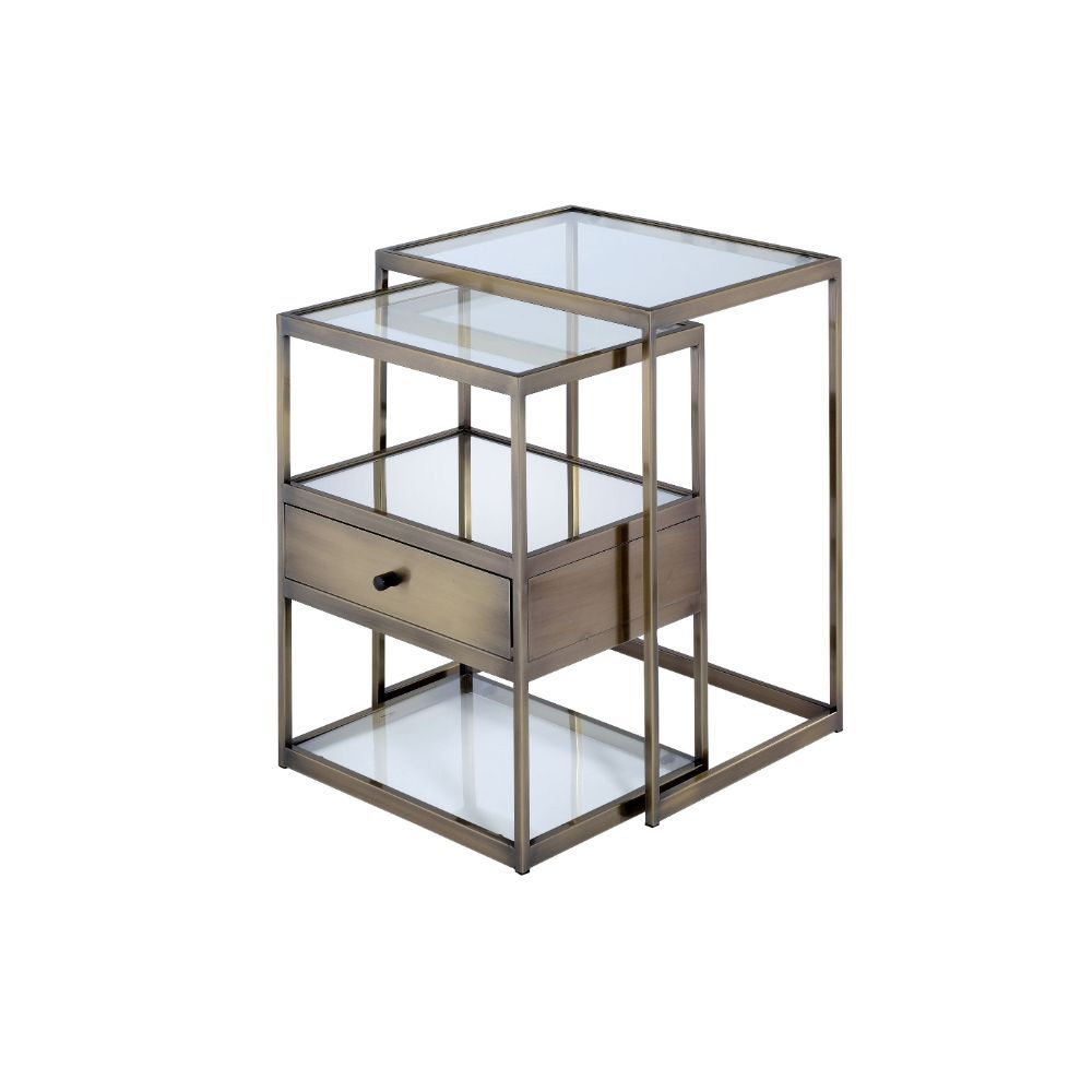 Enca - Nesting Table Set - Clear Glass & Antique Brass, light brown
