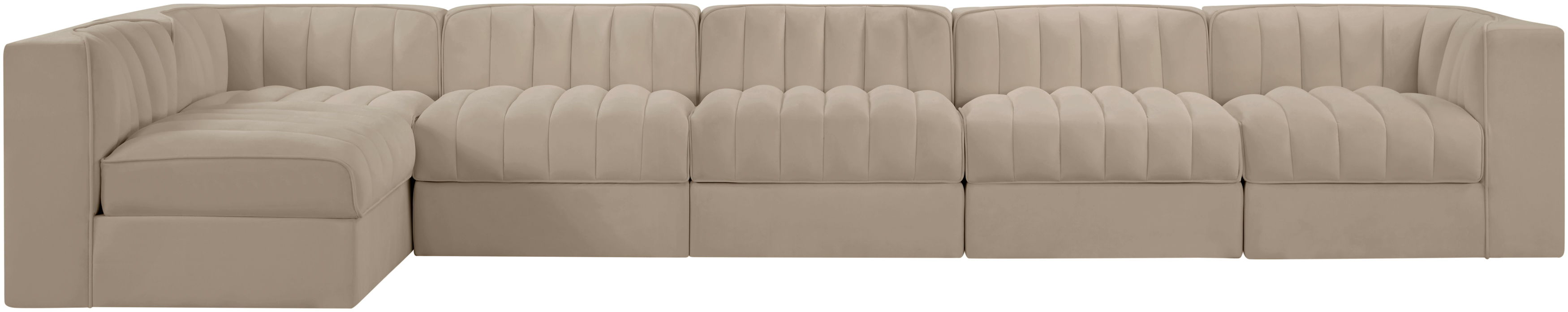 Rummi - Velvet Performance Fabric Upholstered 6 Piece Modular Sectional, L-Shaped (Right) - Beige