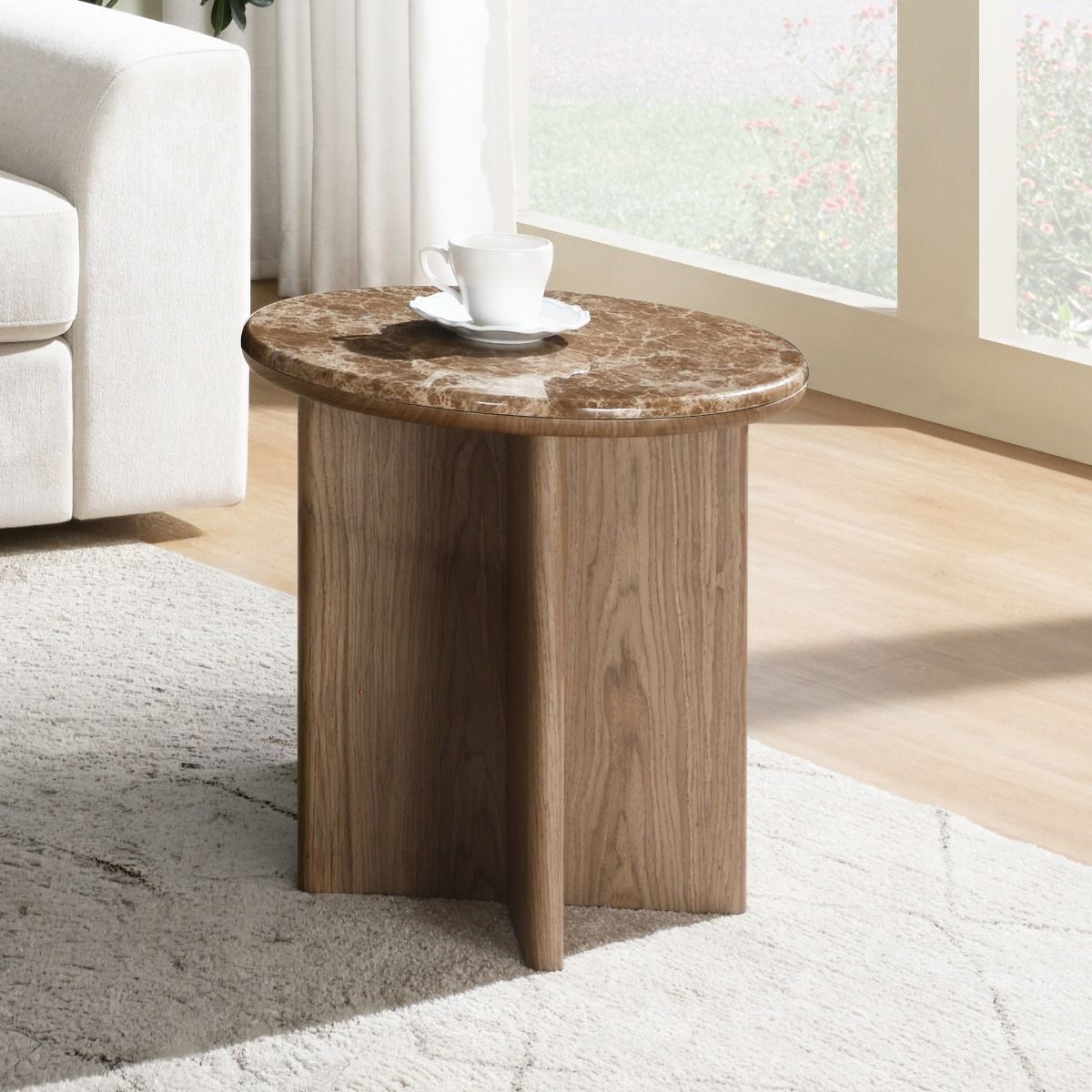 Markku - End Table With Natural Marble - Oak, dark brown