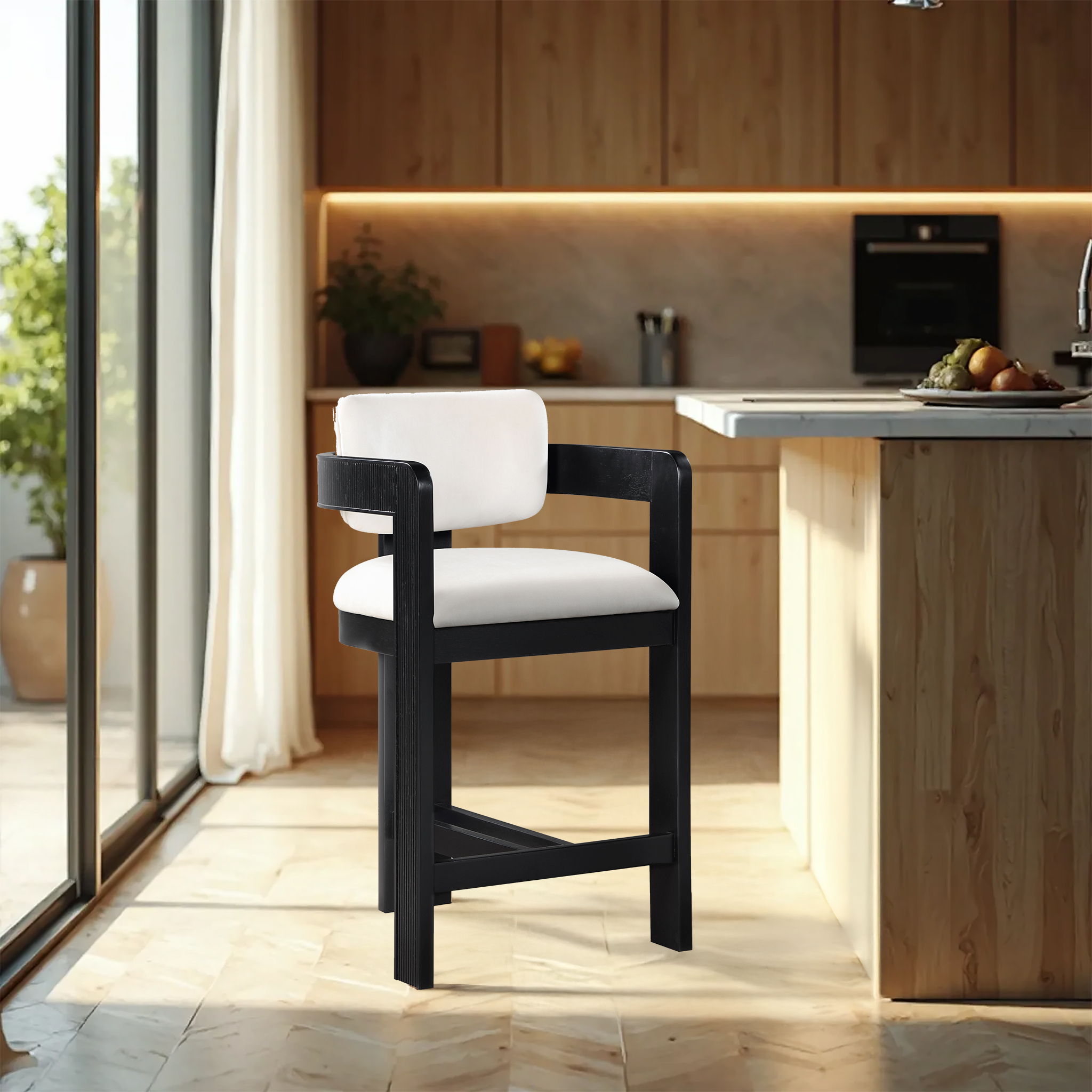 Sacha - Velvet Stool With Black Base - Cream