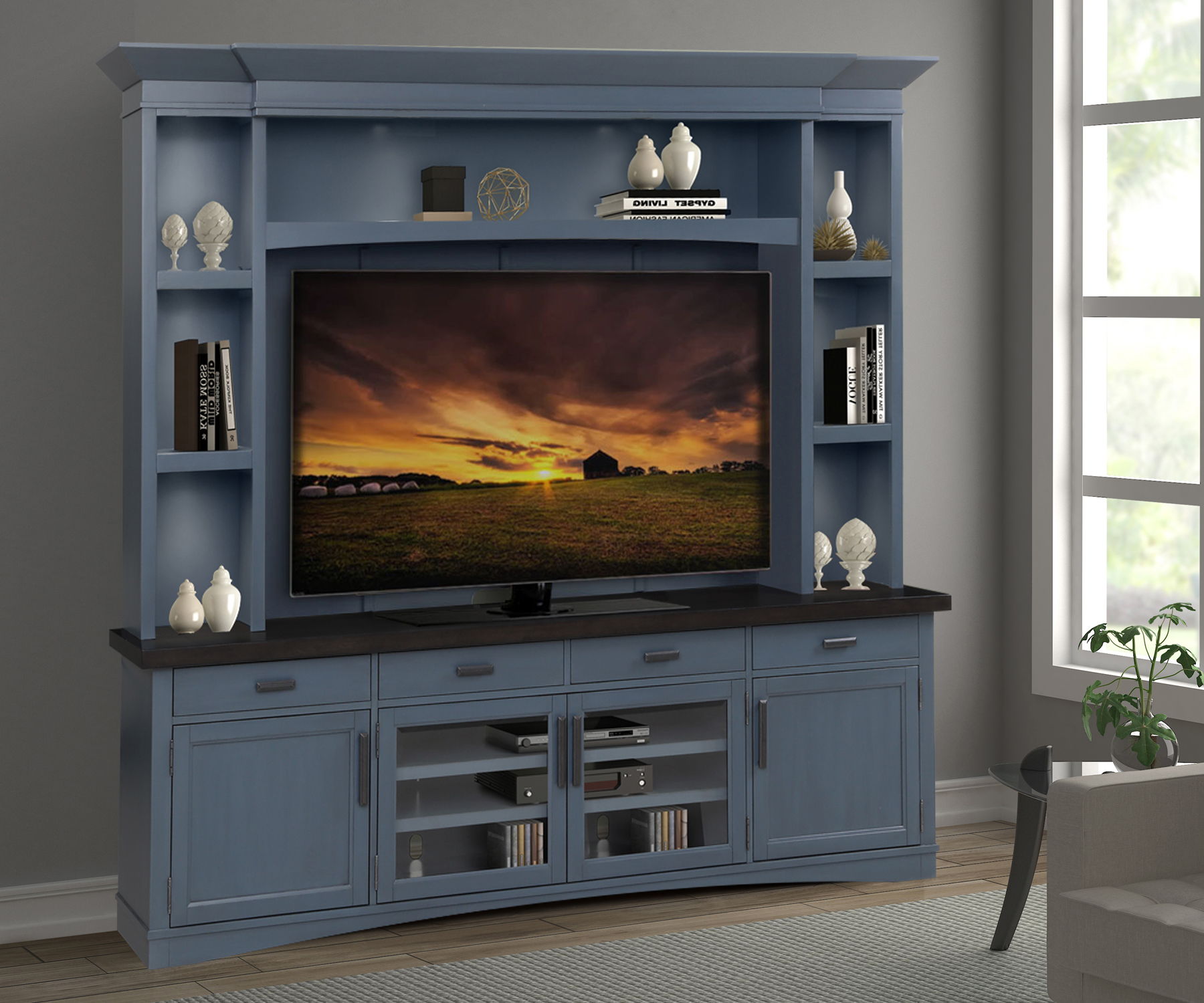 Parker House Americana Modern - TV Console with Hutch, Backpanel and LED Lights - Denim