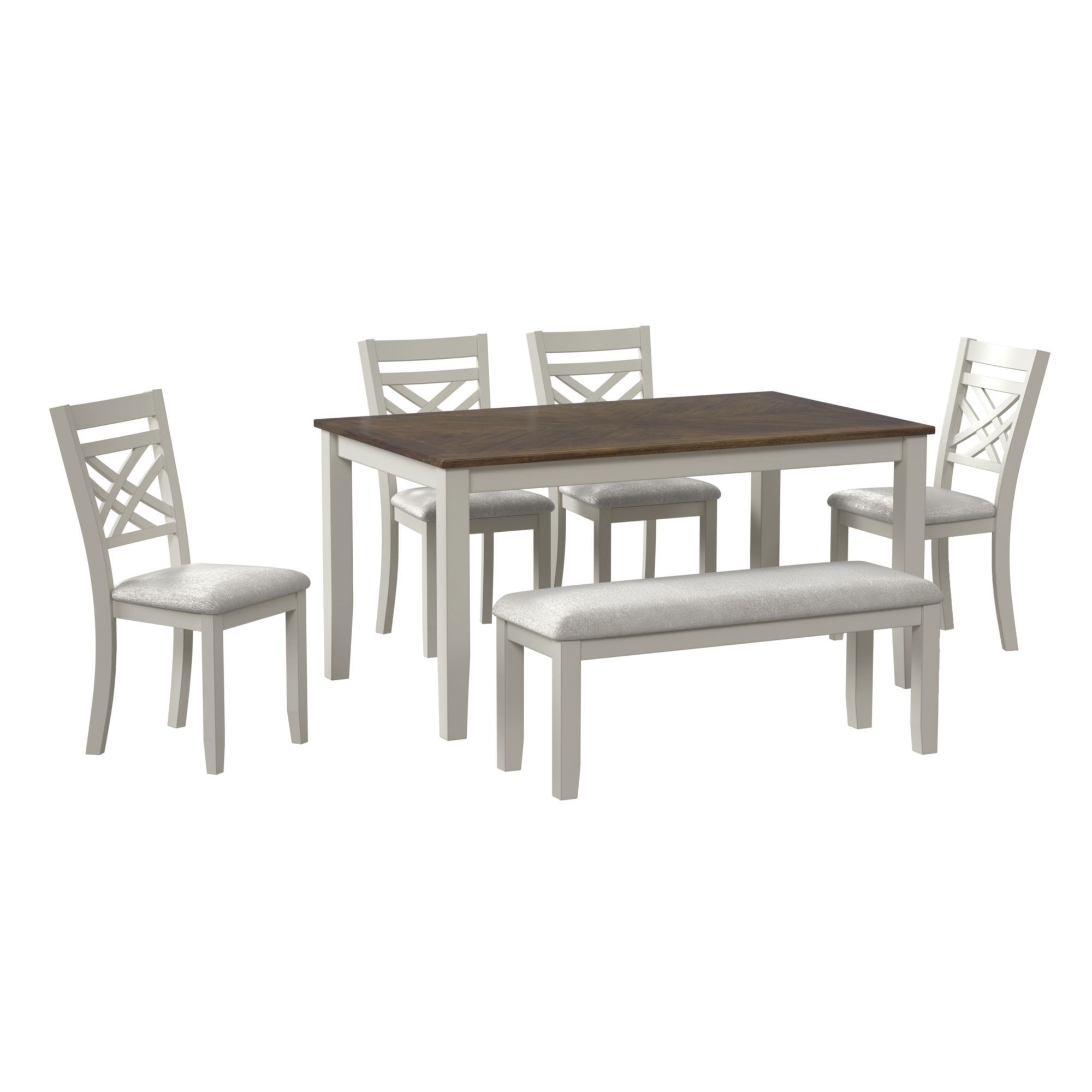 6 Pc · Dining Set With Table, 4 Wood Back And Upholstered Seat Chairs, And Bench