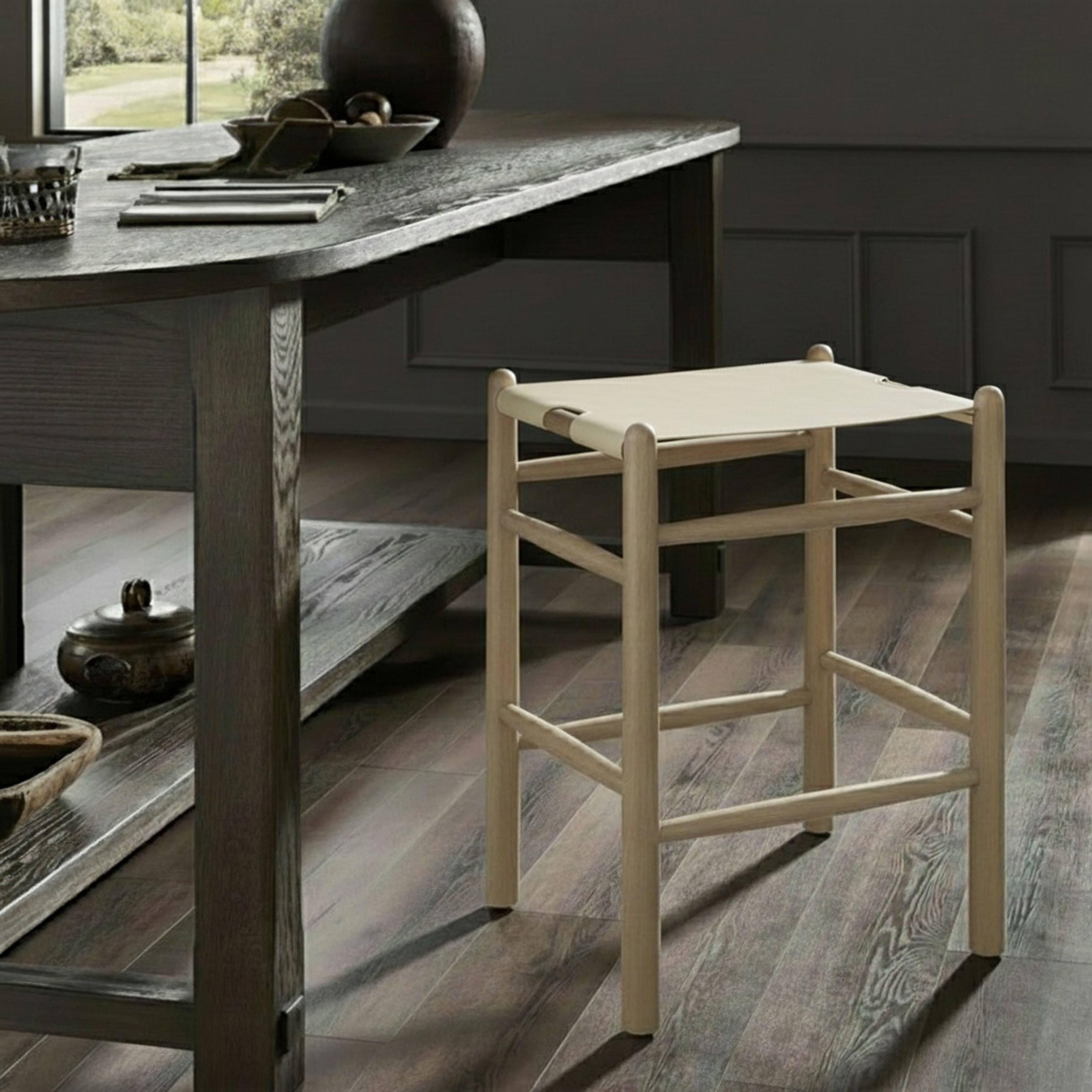 Santos - Vegan Leather Upholstered Backless Counter Stool - Cream / Stained Natural
