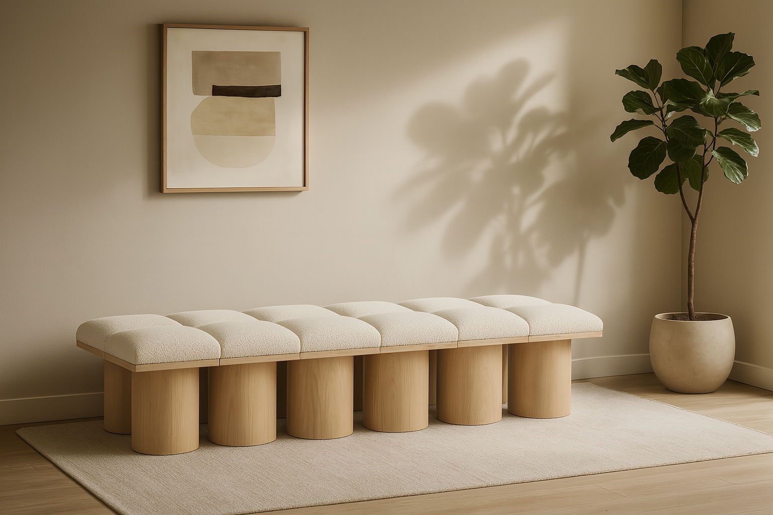 Pavilion - 93" 12 Piece Modular Bench With Natural Base - Cream