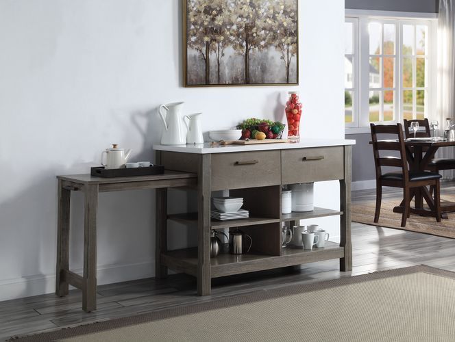 Feivel - Kitchen Island With Pull Out Table - Marble Top & Rustic Oak, dark gray