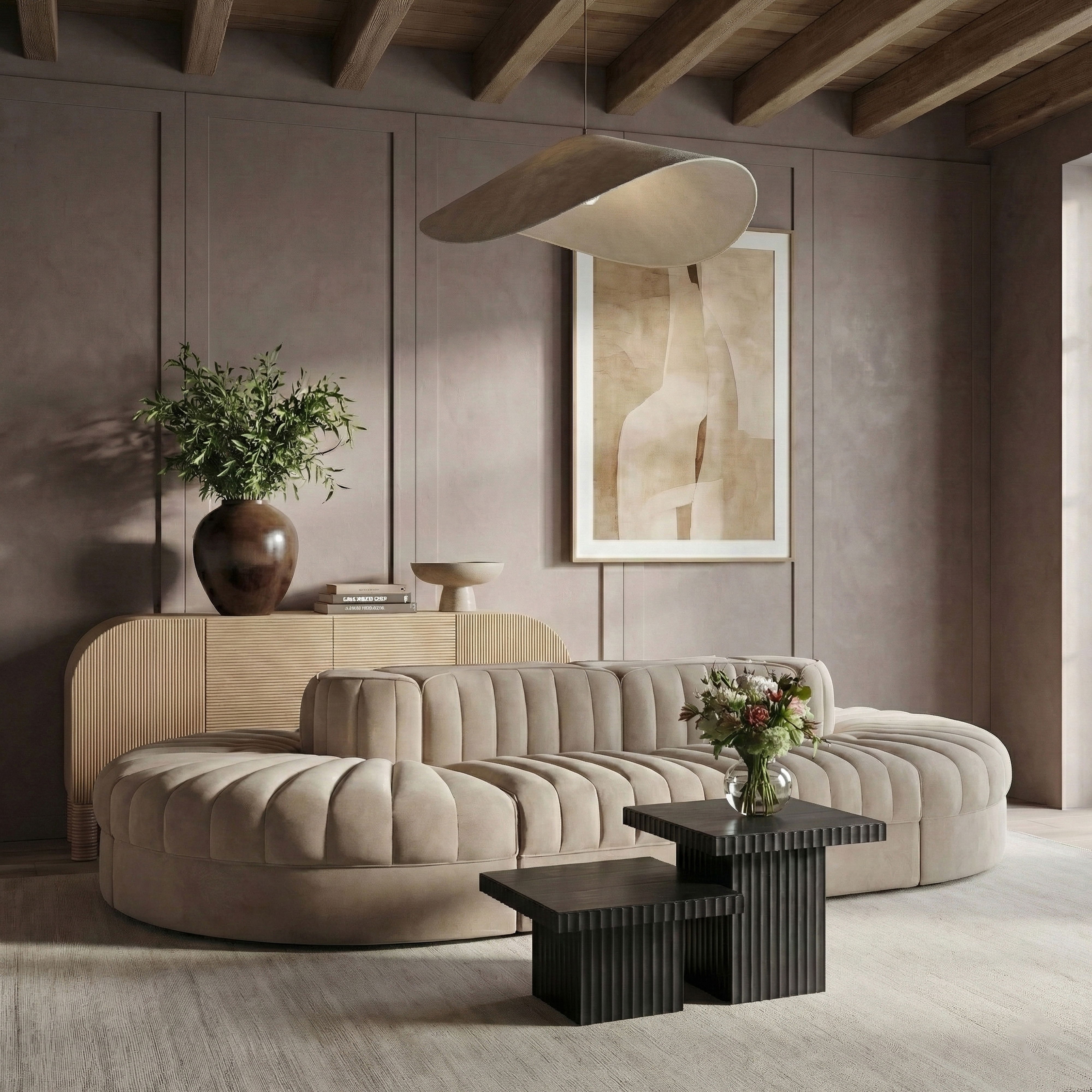 Rummi - Oval Velvet Performance Fabric Upholstered 8 Piece Modular Sectional - Beige