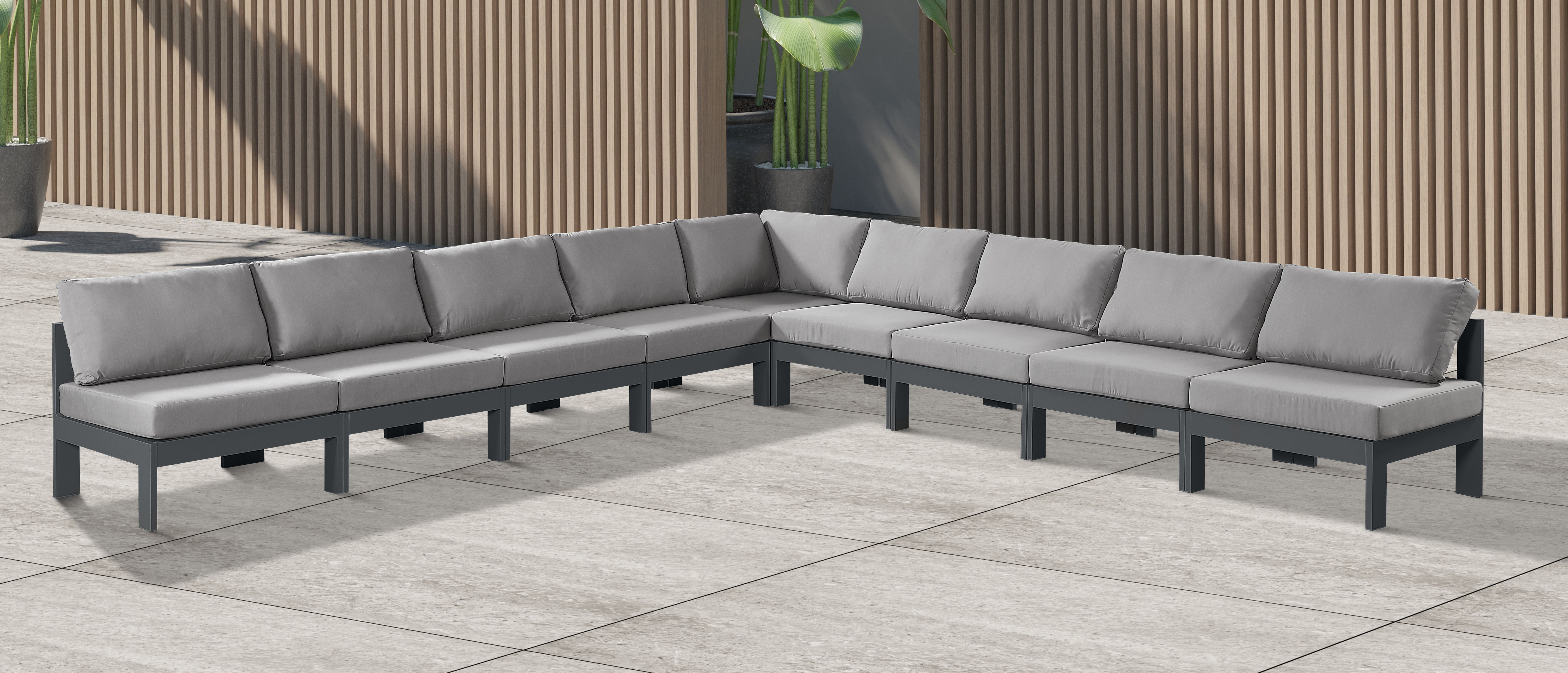 Nizuc - Outdoor Patio 9 Piece Modular Corner Armless Sectional With Gray Frame - Gray