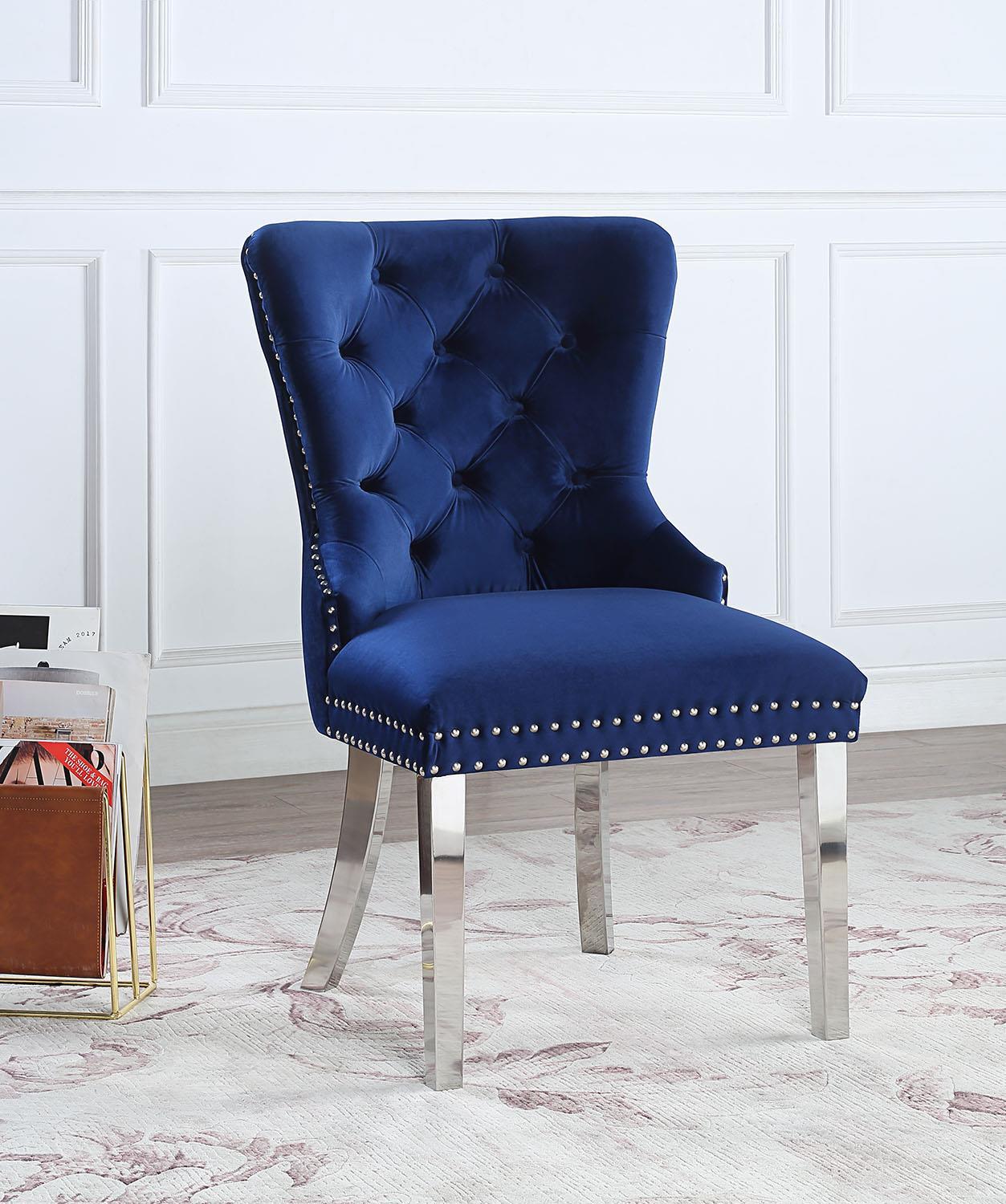 D2082 - Velvet Dining Side Chair With Chrome Legs (Set of 2) - Dark Navy