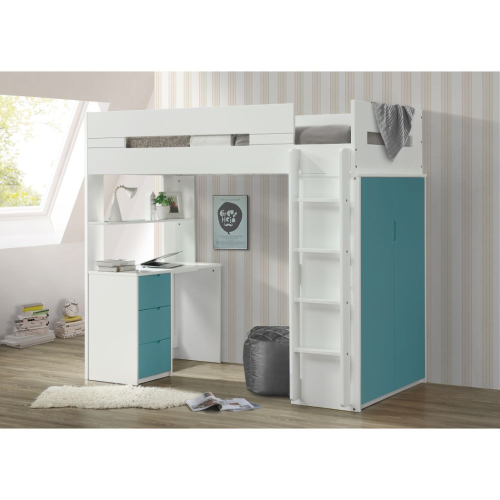 Nerice - Twin Loft Bed With Desk & Wardrobe - White & Teal, light blue