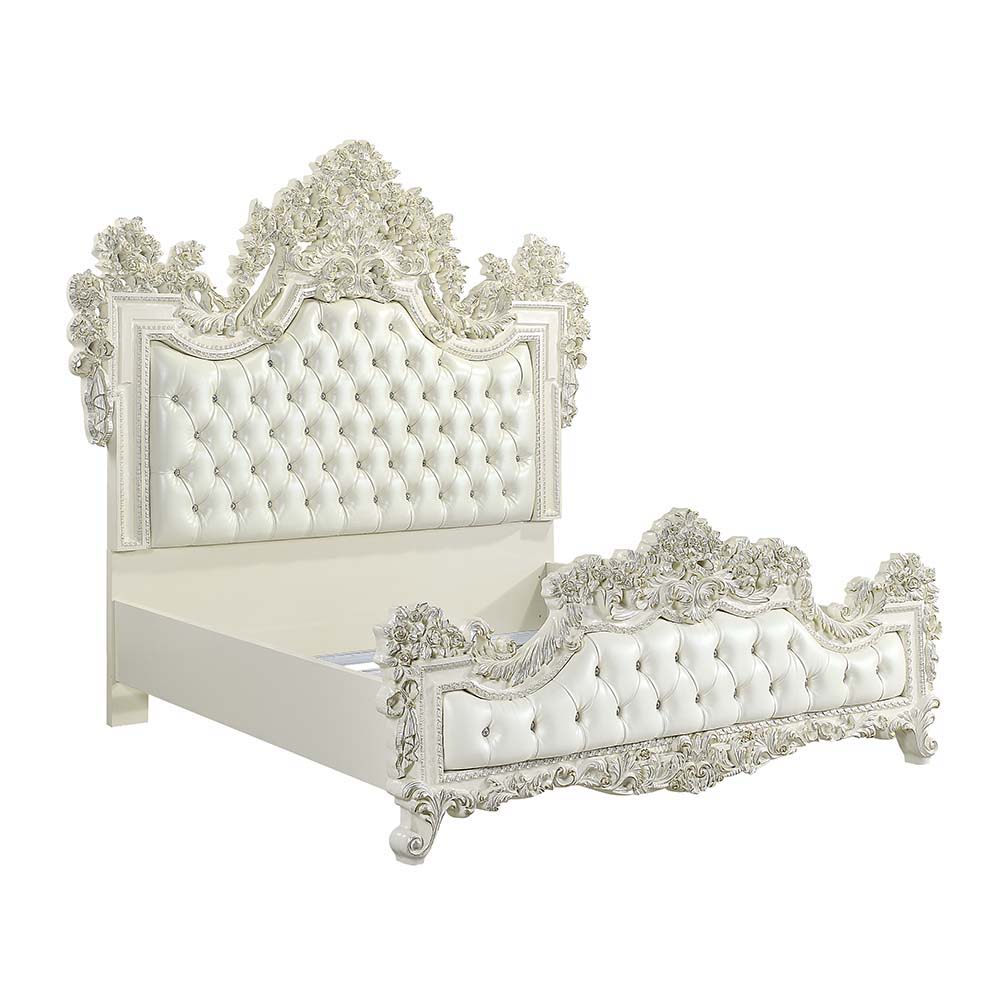 Adara - Eastern King Bed - Pearl White Synthetic Leather & Antique White, white