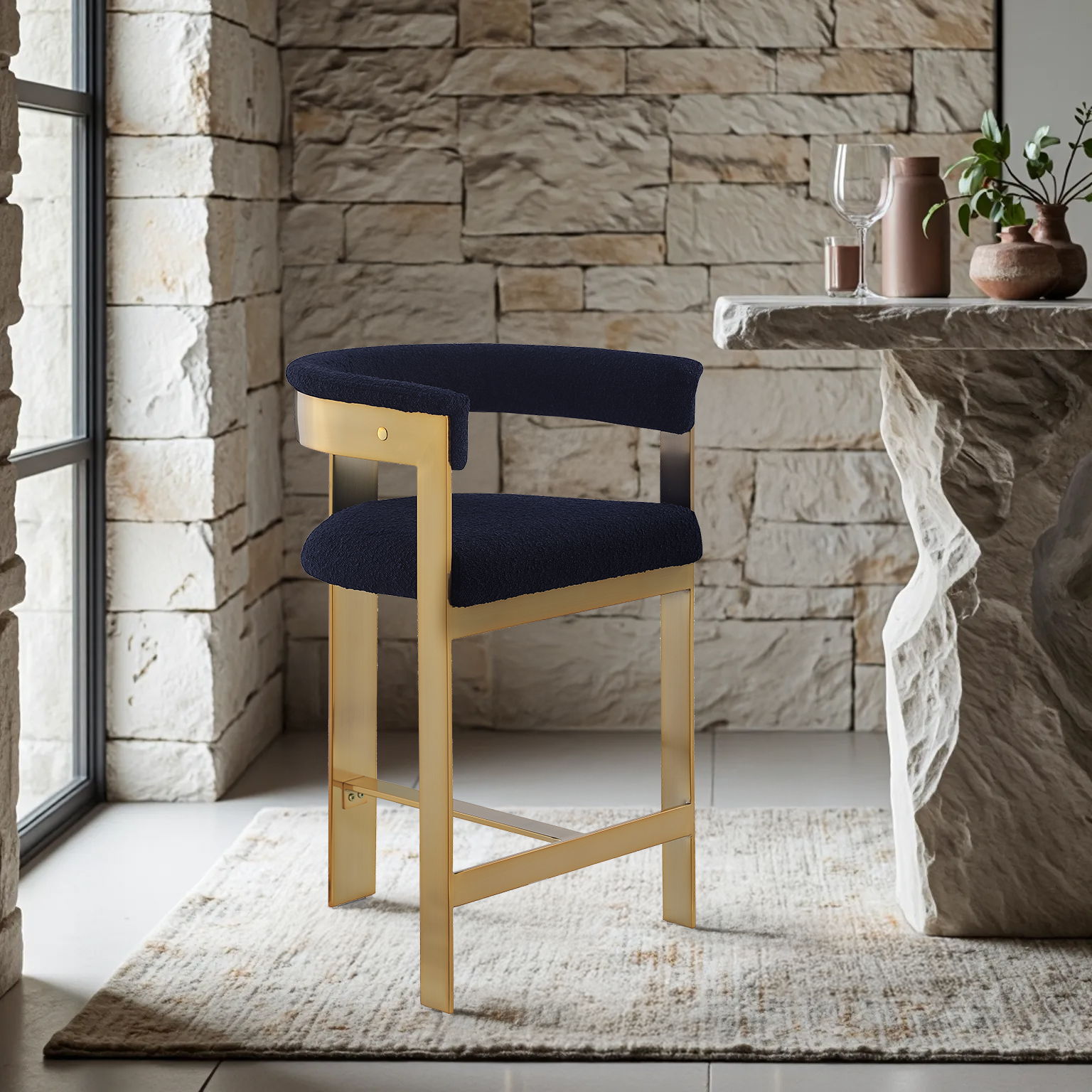 Romeo - Boucle Counter Stool With Gold Base (Set of 2) - Navy