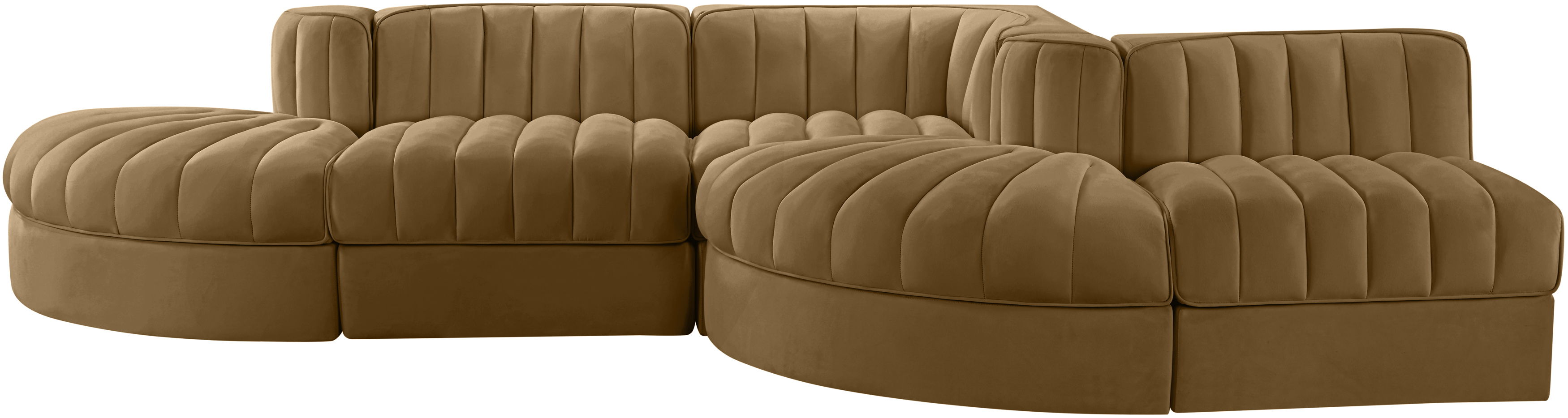 Rummi - Rounded Velvet Performance Fabric Upholstered 5 Piece Modular Sectional - Saddle