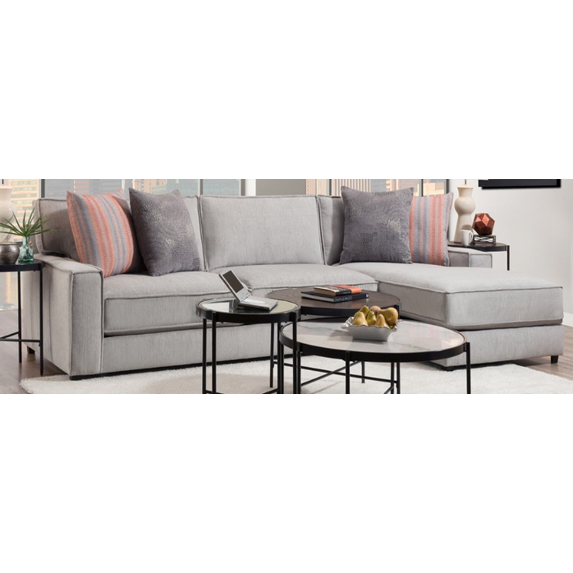 572 - Sectional RHF Chaise in Candor Ash with Marlow Orange and Roulette Smoke Pillows
