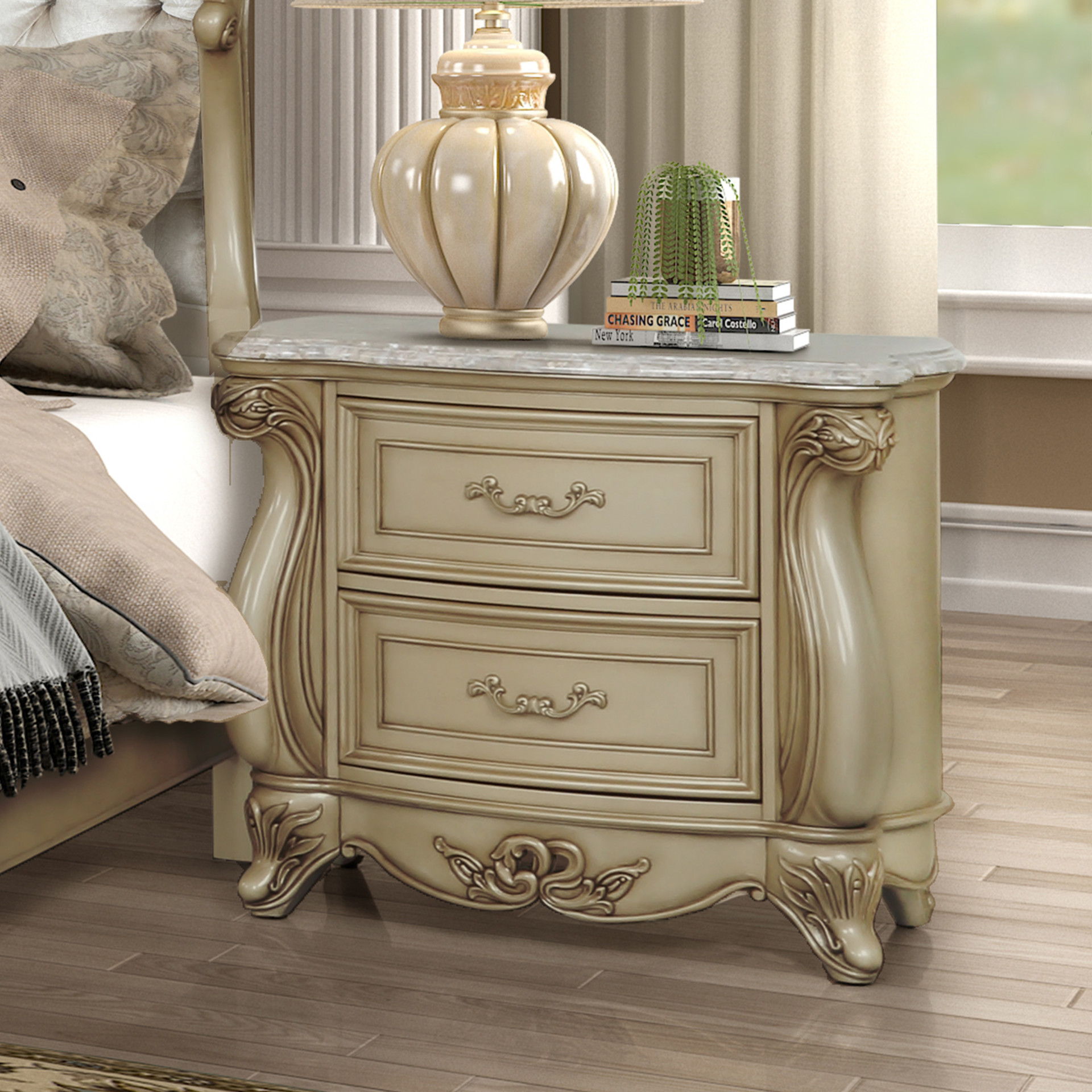 Monique - Nightstand With Marble Top - Champagne, beige