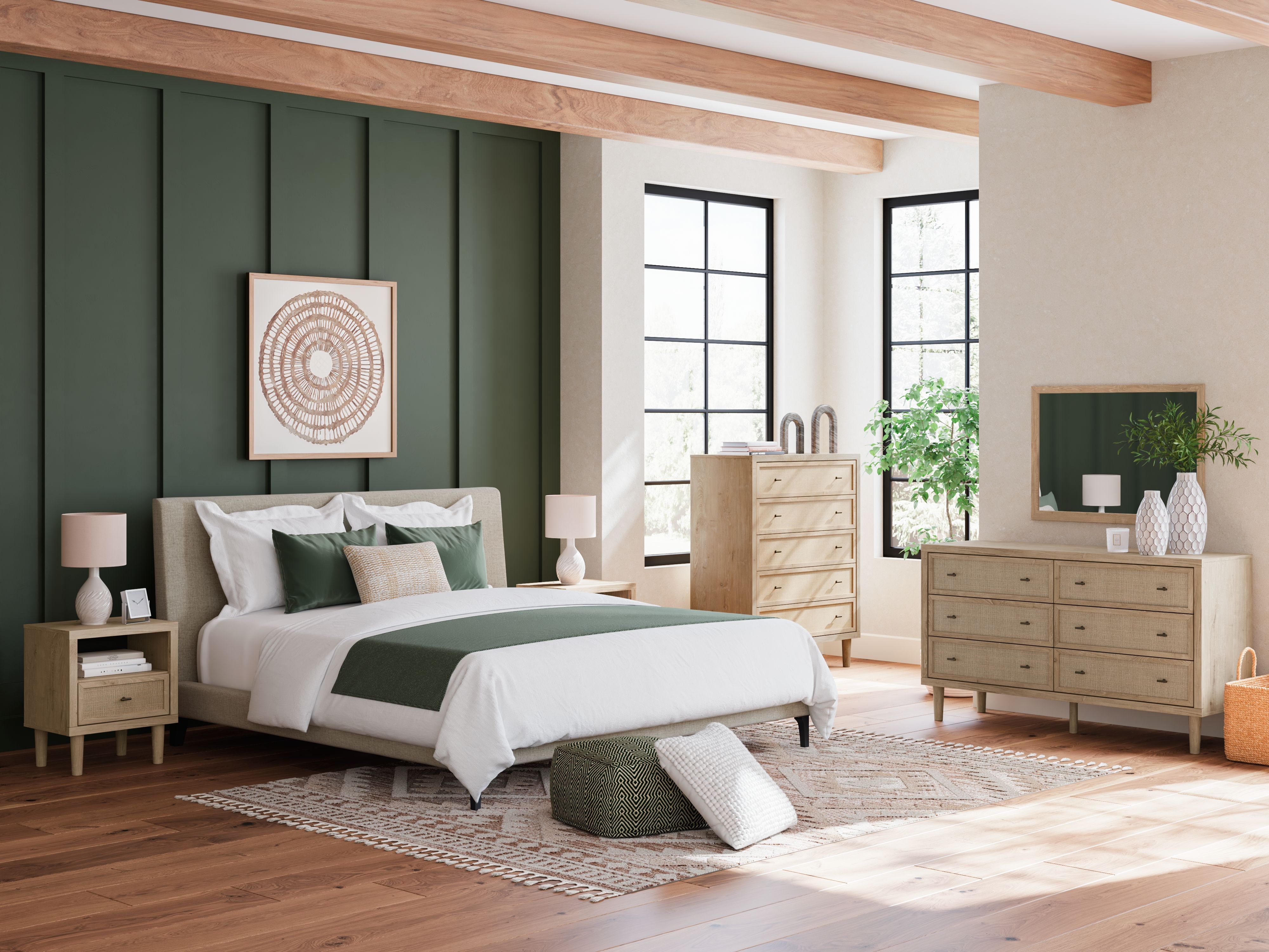 Cielden - 4 Pc. - Dresser, Mirror, Chest, King Upholstered Bed With Roll Slats - Soft Gray / Beige