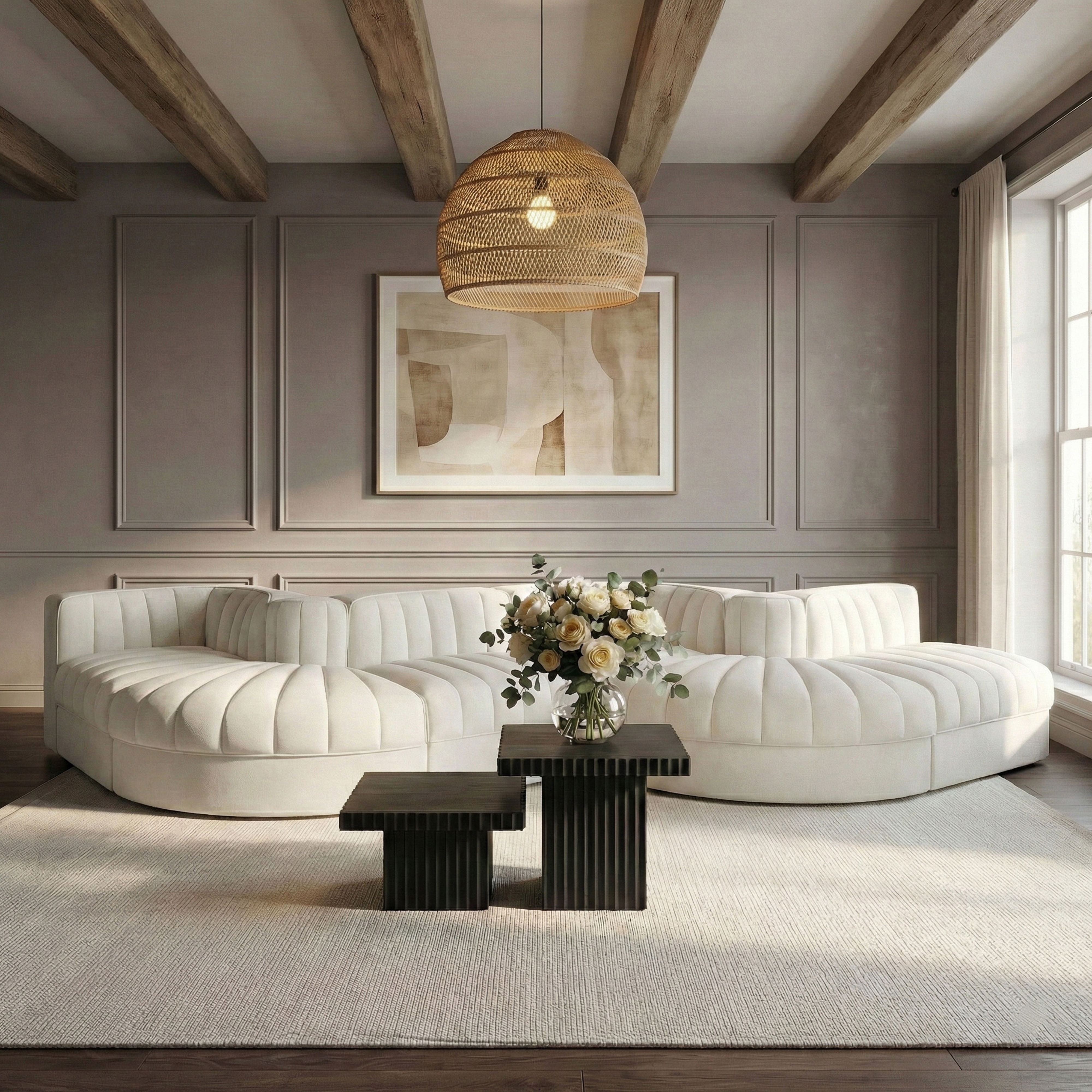 Rummi - Rounded Velvet Performance Fabric Upholstered 6 Piece Modular Sectional - Cream