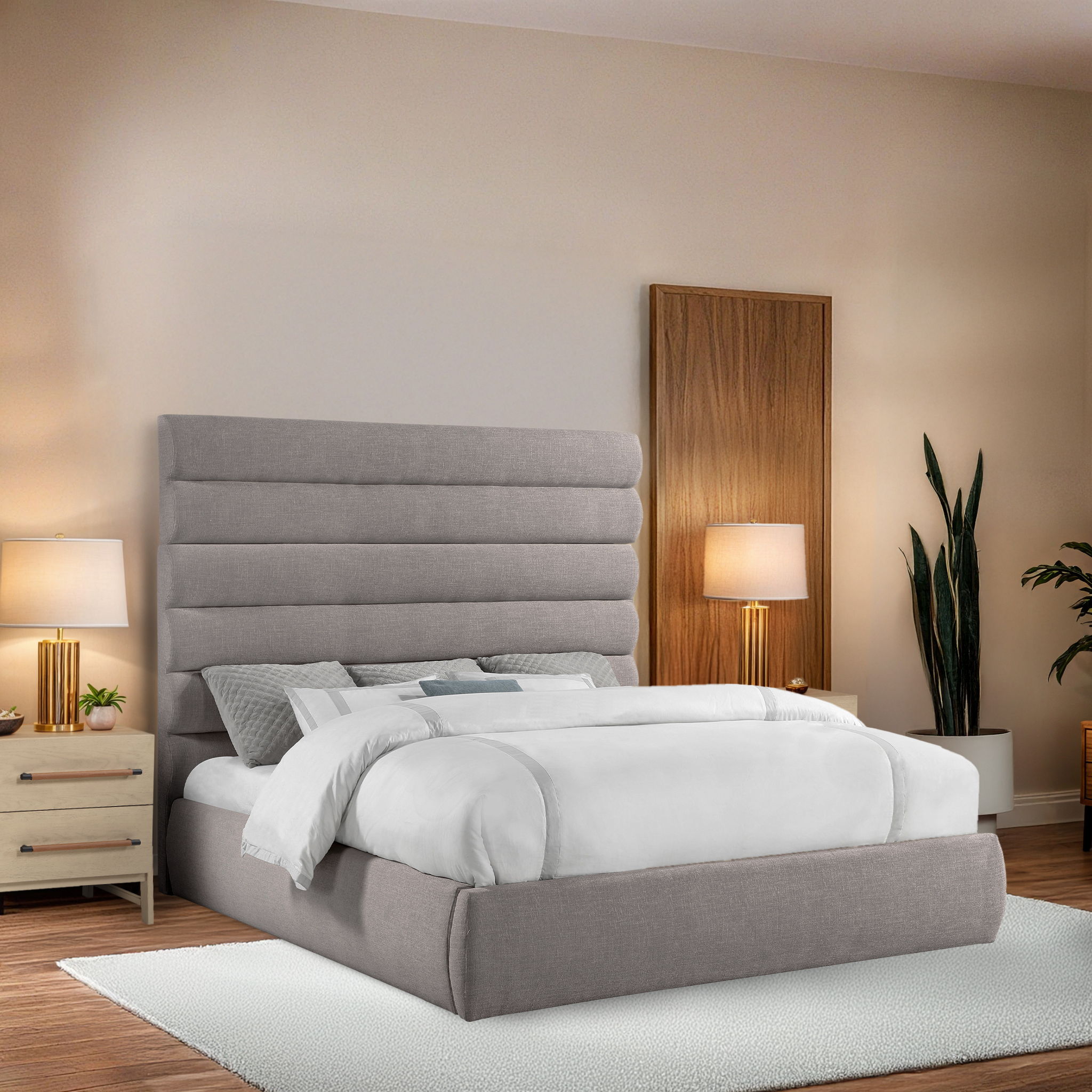 Adam - Linen Fabric King Bed With 70.5" Headboard - Taupe
