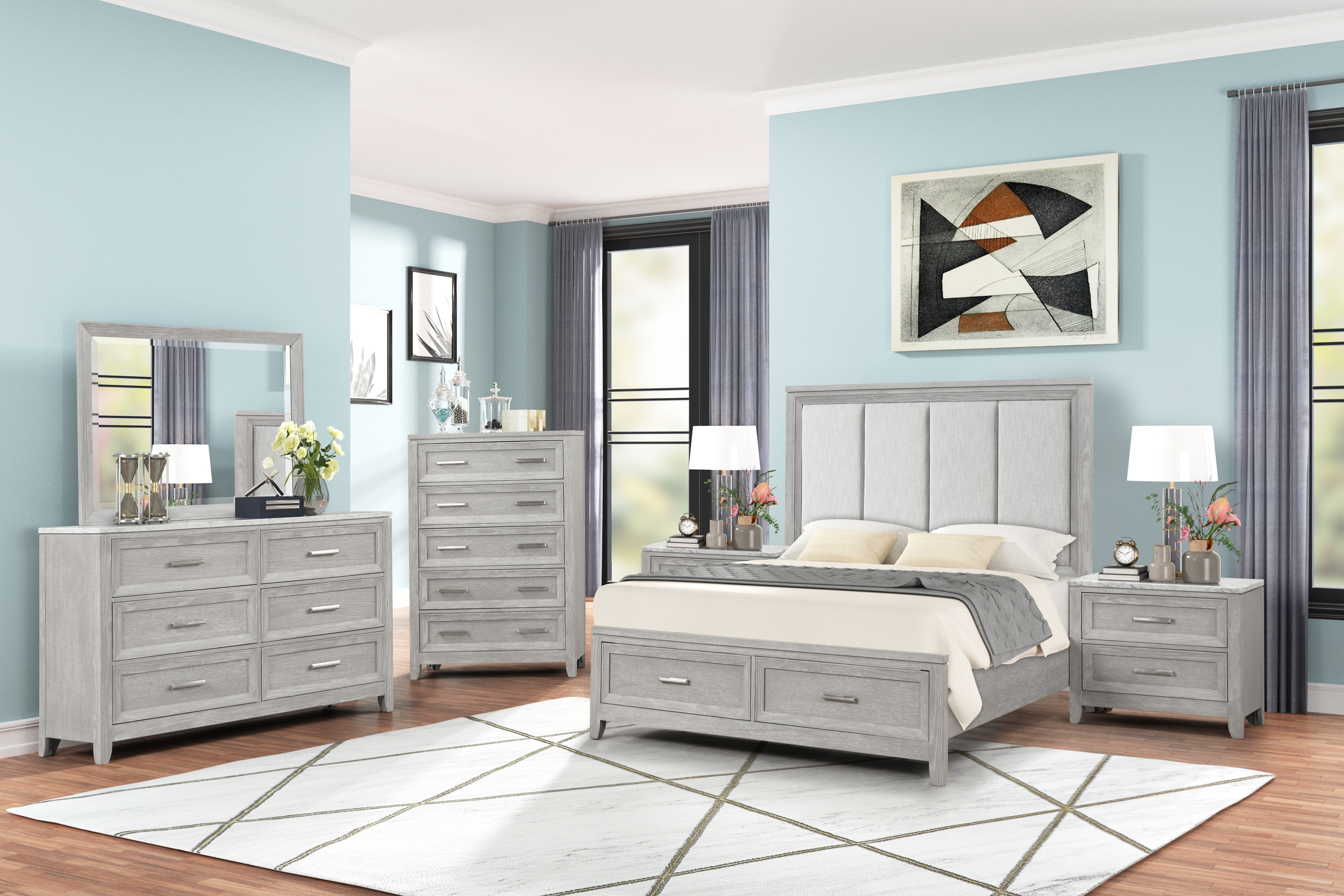 Fiona - 5/0 Queen 6 Piece Bedroom Set (Bed & Dresser & Mirror & Chest & 2 Nightstands) - Gray