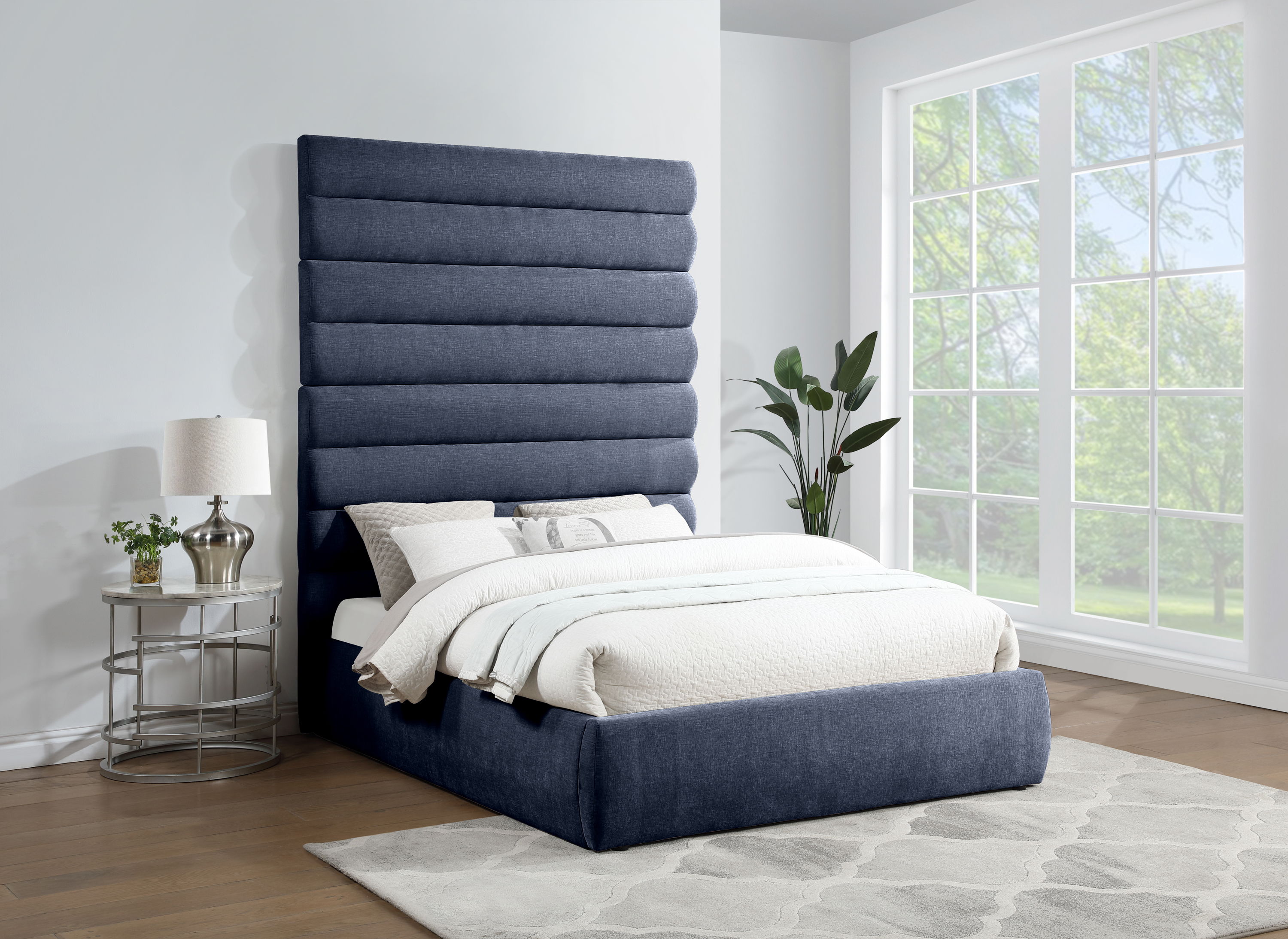 Adam - Chenille Fabric Queen Bed With 89" Headboard - Navy