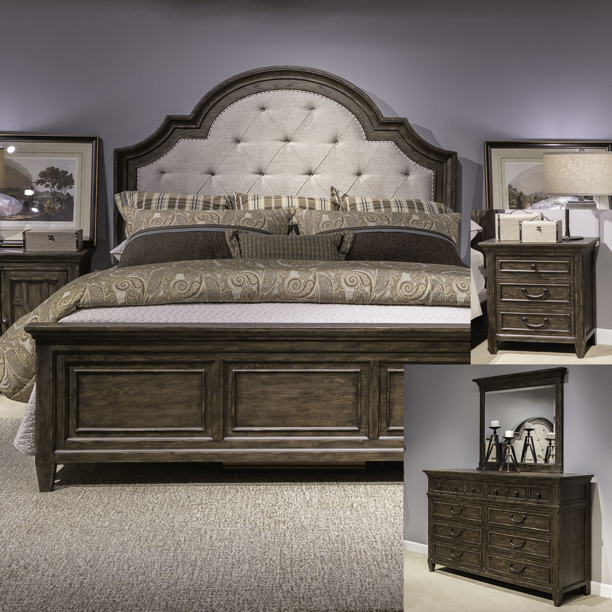 Liberty Furniture Paradise Valley - 4 Piece Bedroom Set (King Upholstered Bed, Dresser & Mirror, Nightstand) - Dark Brown