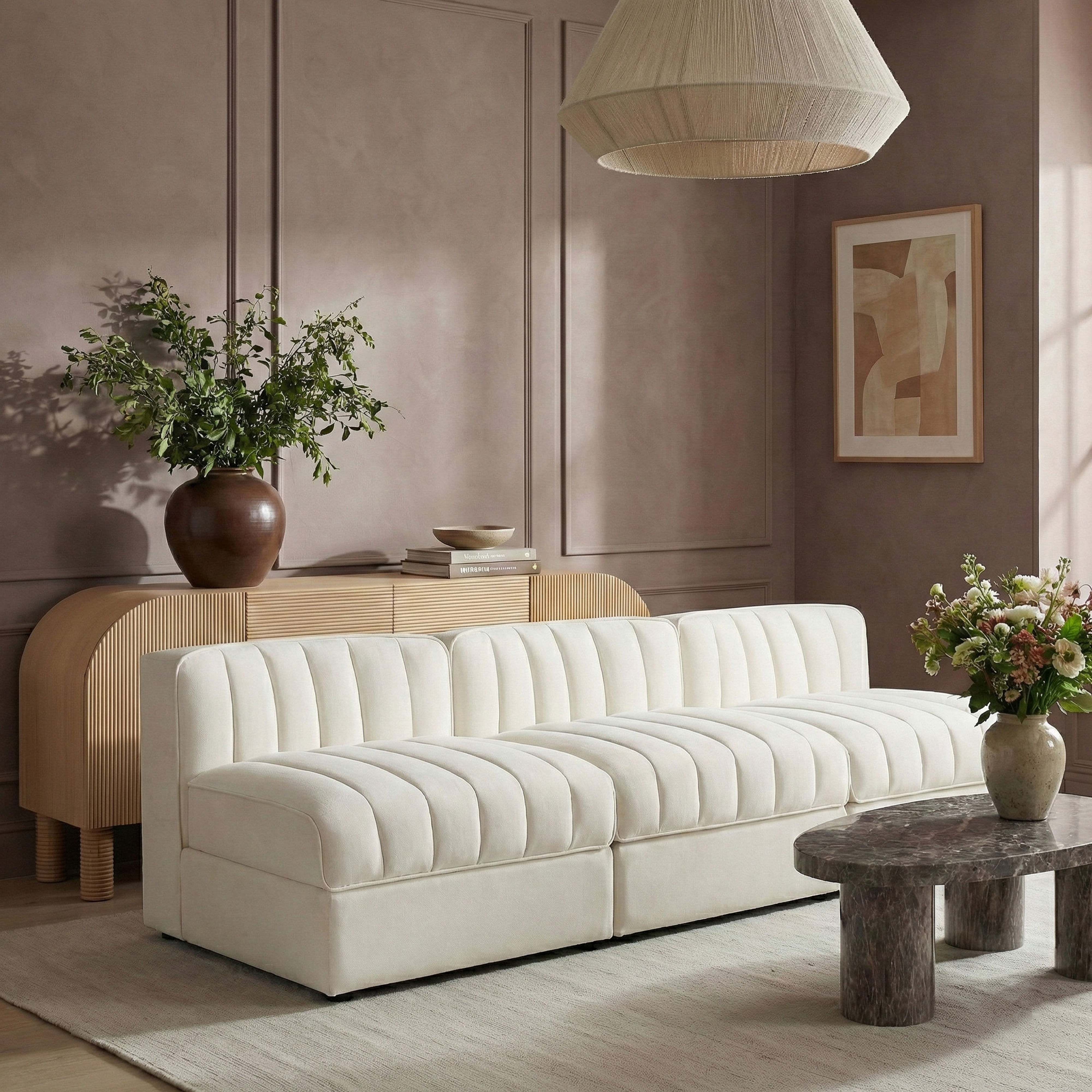Rummi - Velvet Performance Fabric Upholstered 3 Piece Modular Armless Sofa - Cream