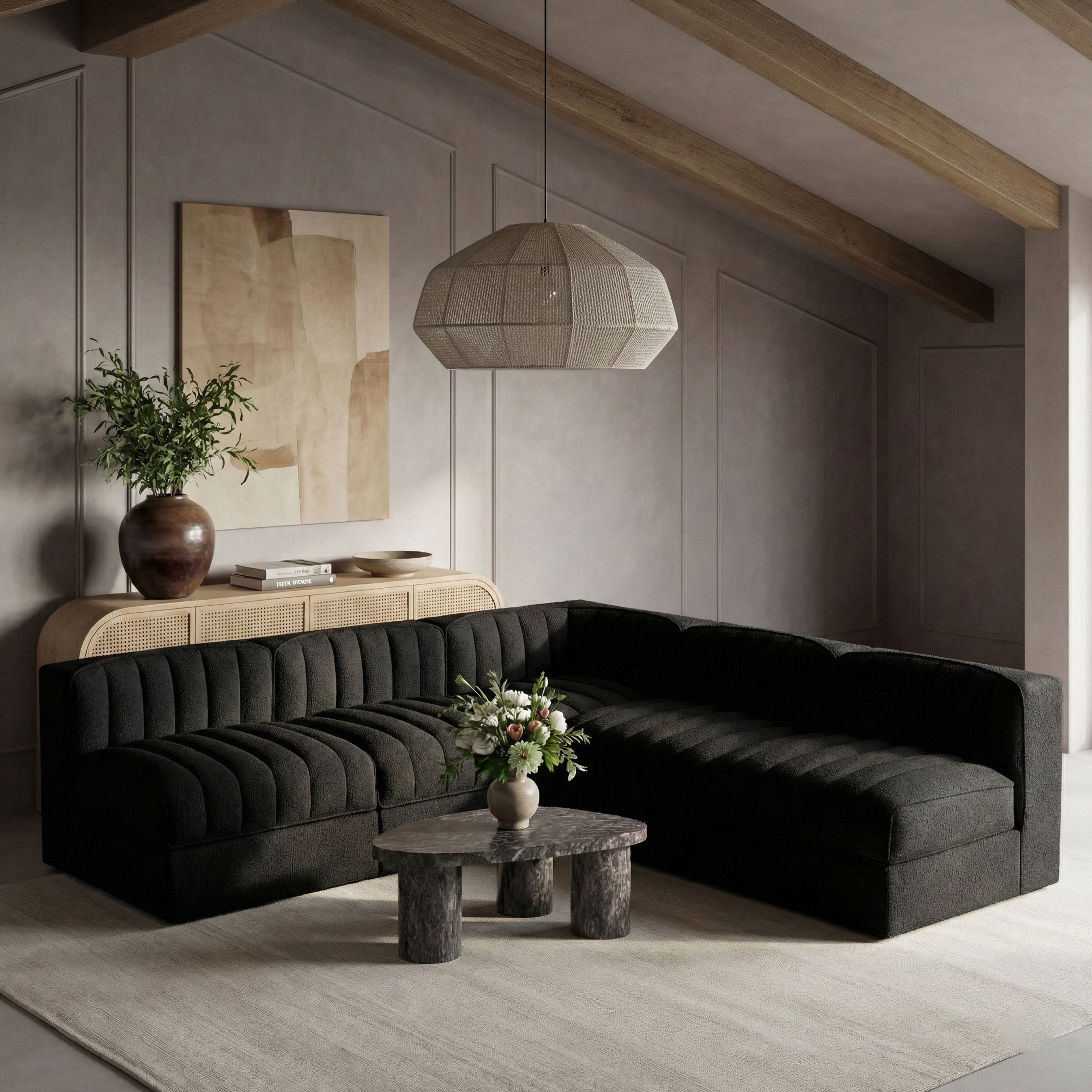 Rummi - Armless Velvet Performance Fabric Upholstered 5 Piece Modular Sectional - Black