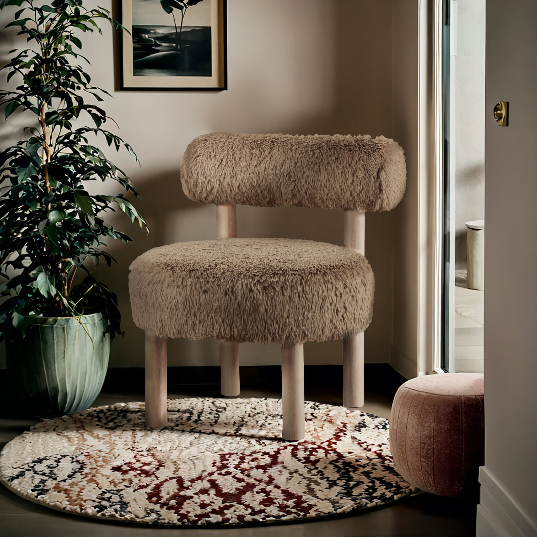 Ambre - Vegan Shearling Fabric Accent Chair - Tan