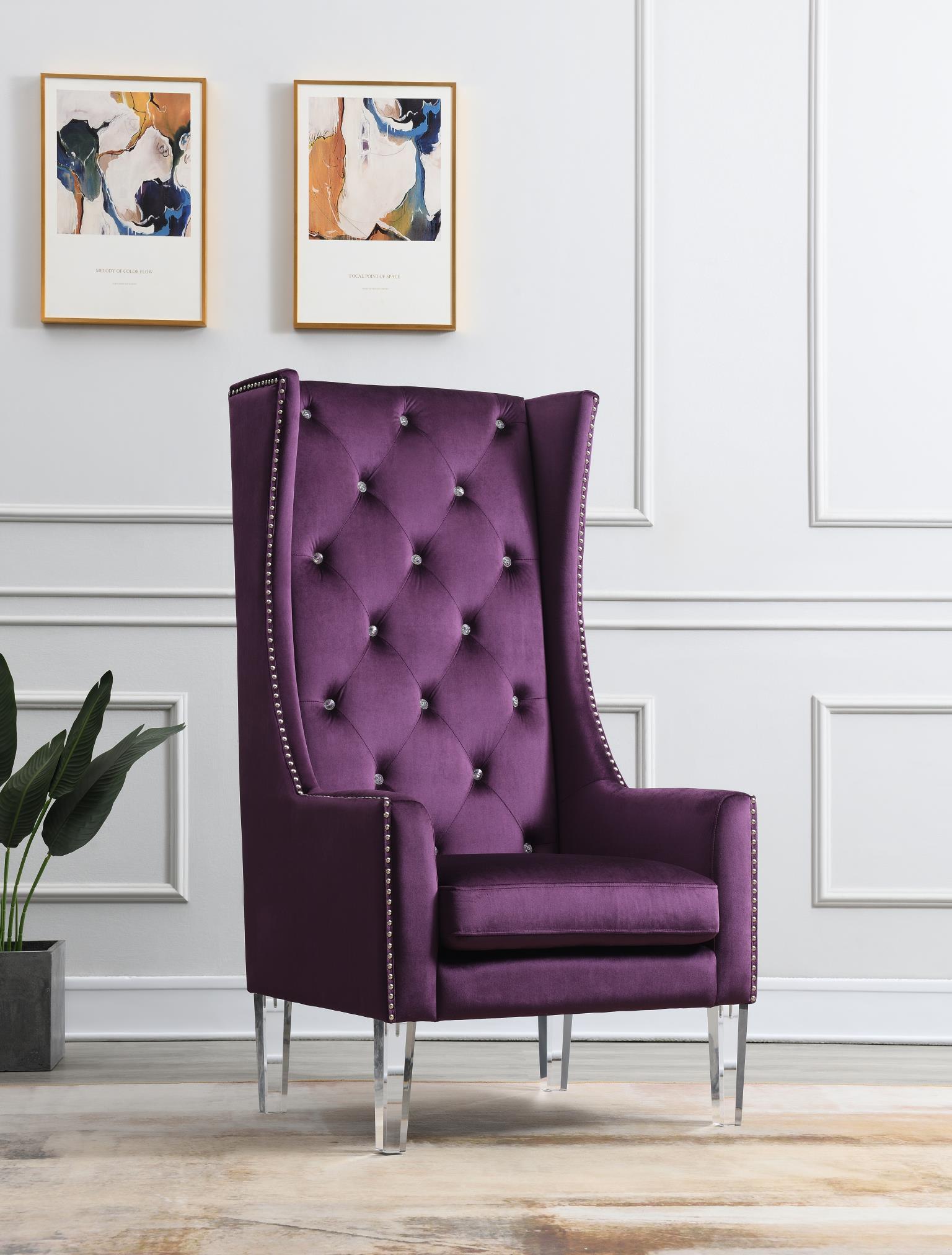 D2091 - High Back Velvet Wing Chair With Acrylic Legs - Purple