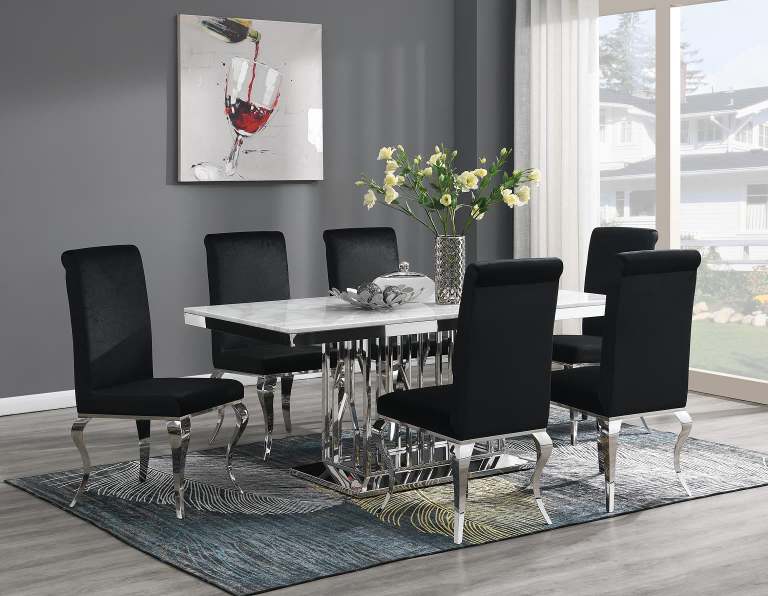 G-081-T-WHITE - 7 Piece Dining Room Set (Table, 6 Velvet Chairs) - Black