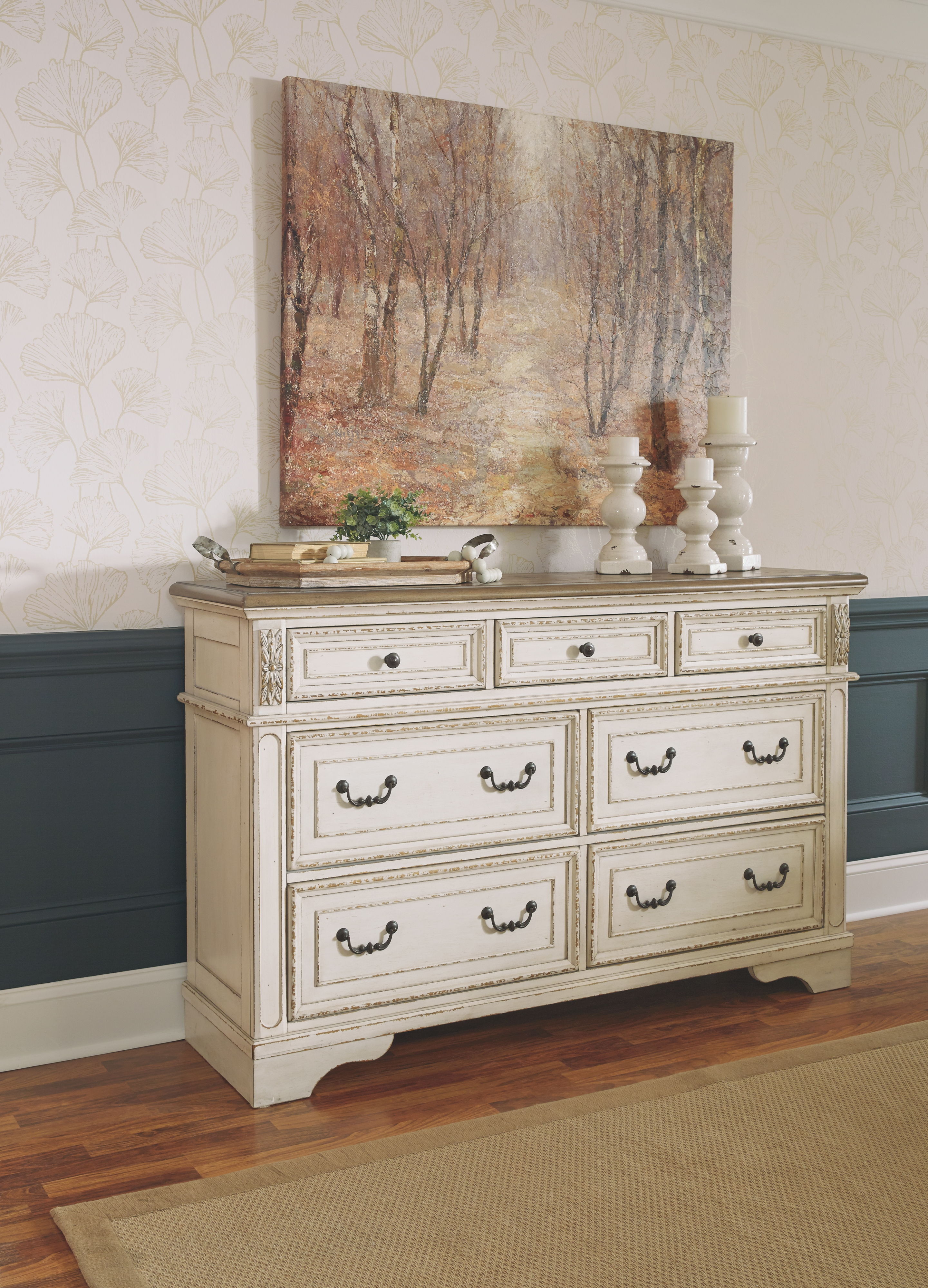 Ashley Furniture Realyn - 6 Pc. - Dresser, Mirror, Chest, King Upholstered Panel Bed - Two-tone - Image 4