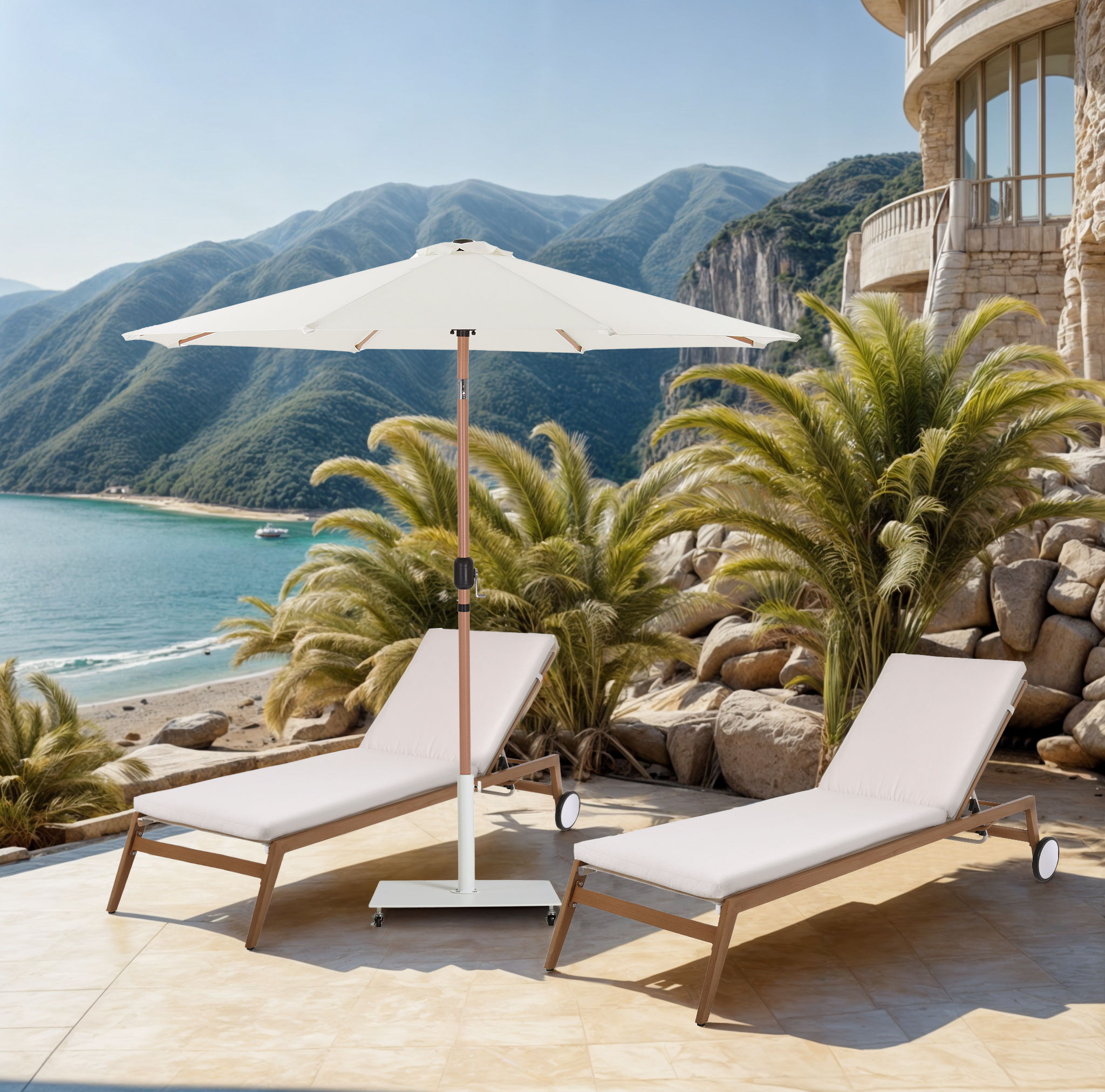 Fiji - Aluminum Patio Umbrella With Square White And Teak Base - White
