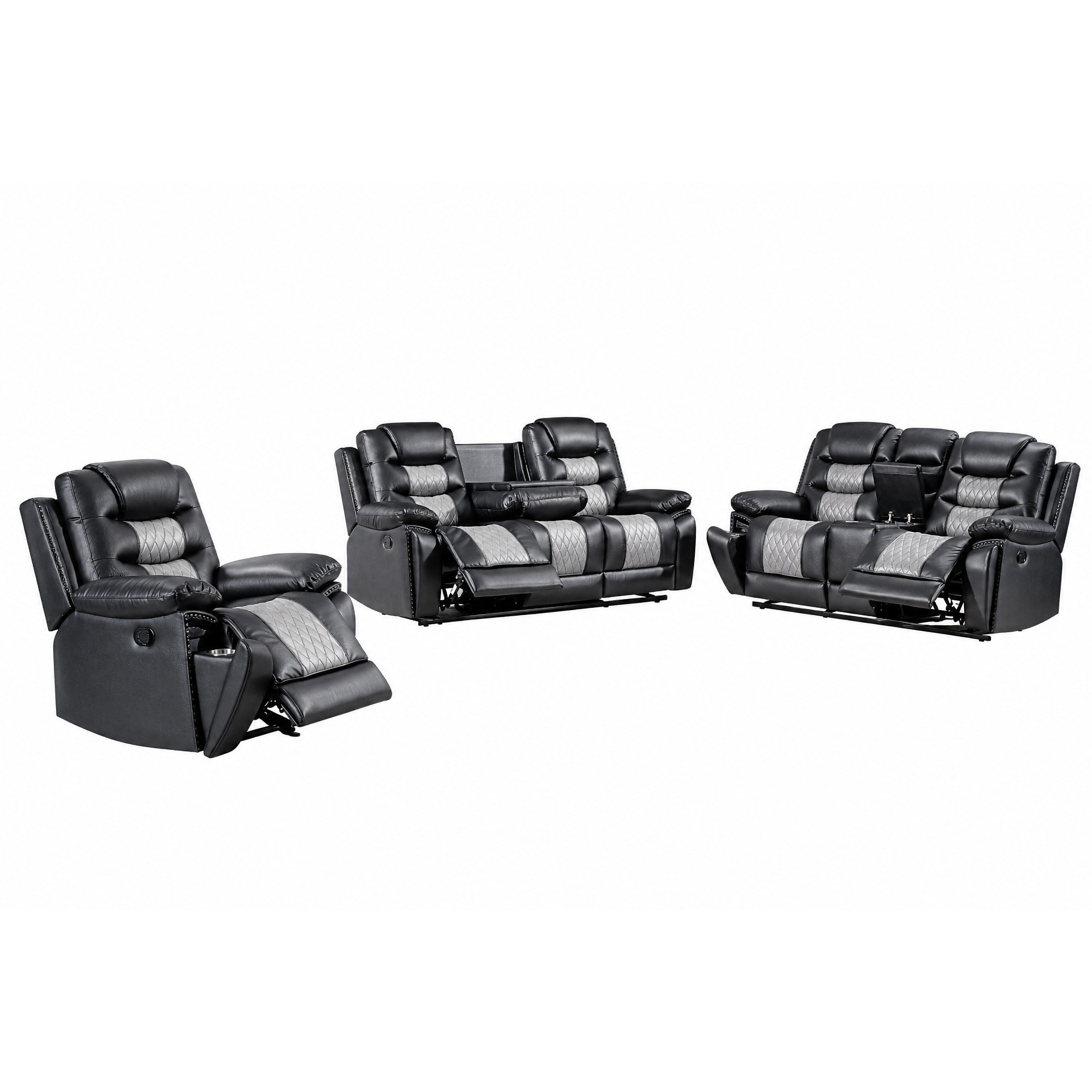 Nikko - Manual 3 Piece Sofa & Loveseat & Recliner - Black / Gray