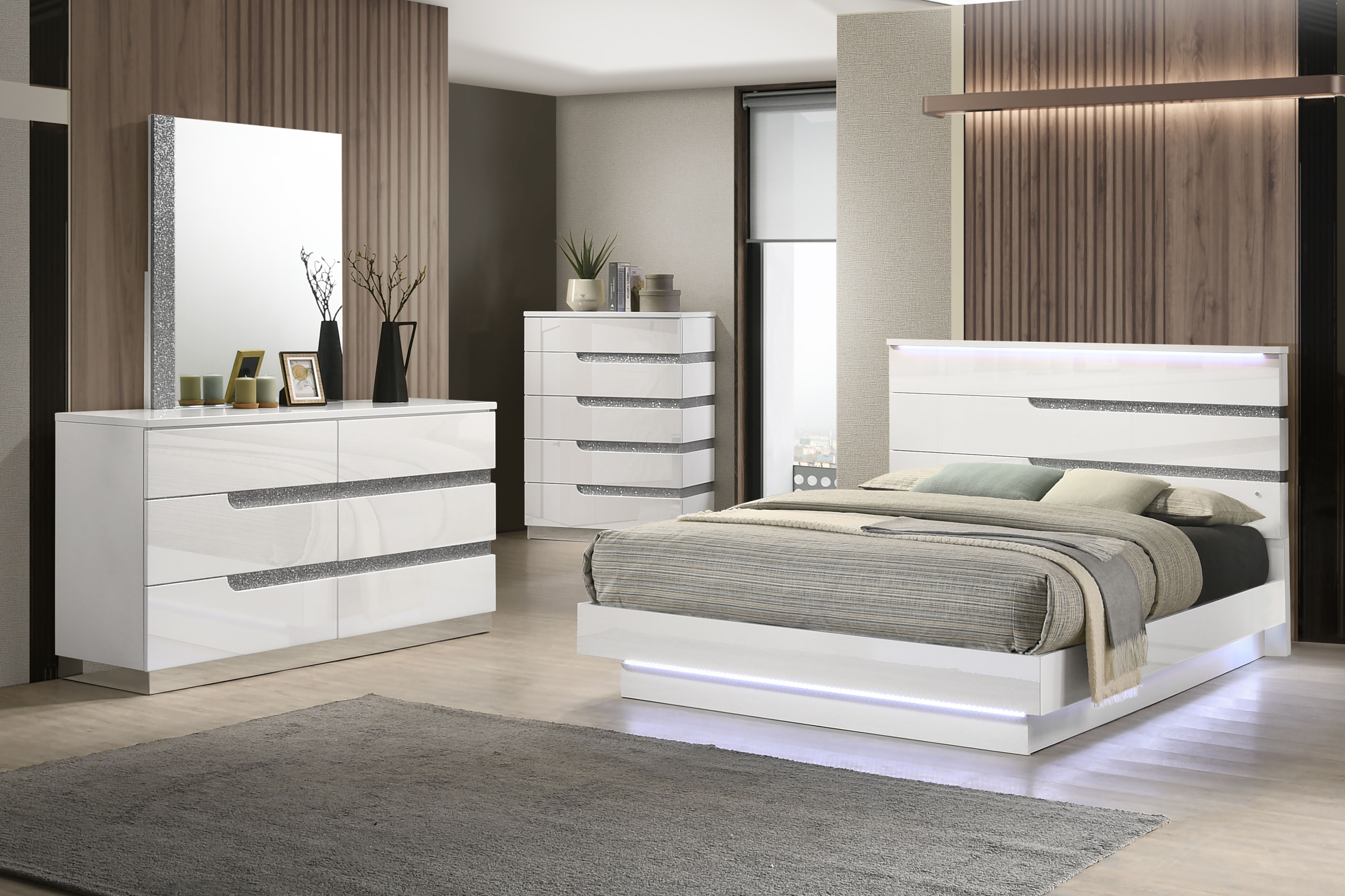 Paradox White - 6/6 Eastern King 4 Piece Bedroom Set (Bed, Dresser, Mirror, Chest) - White