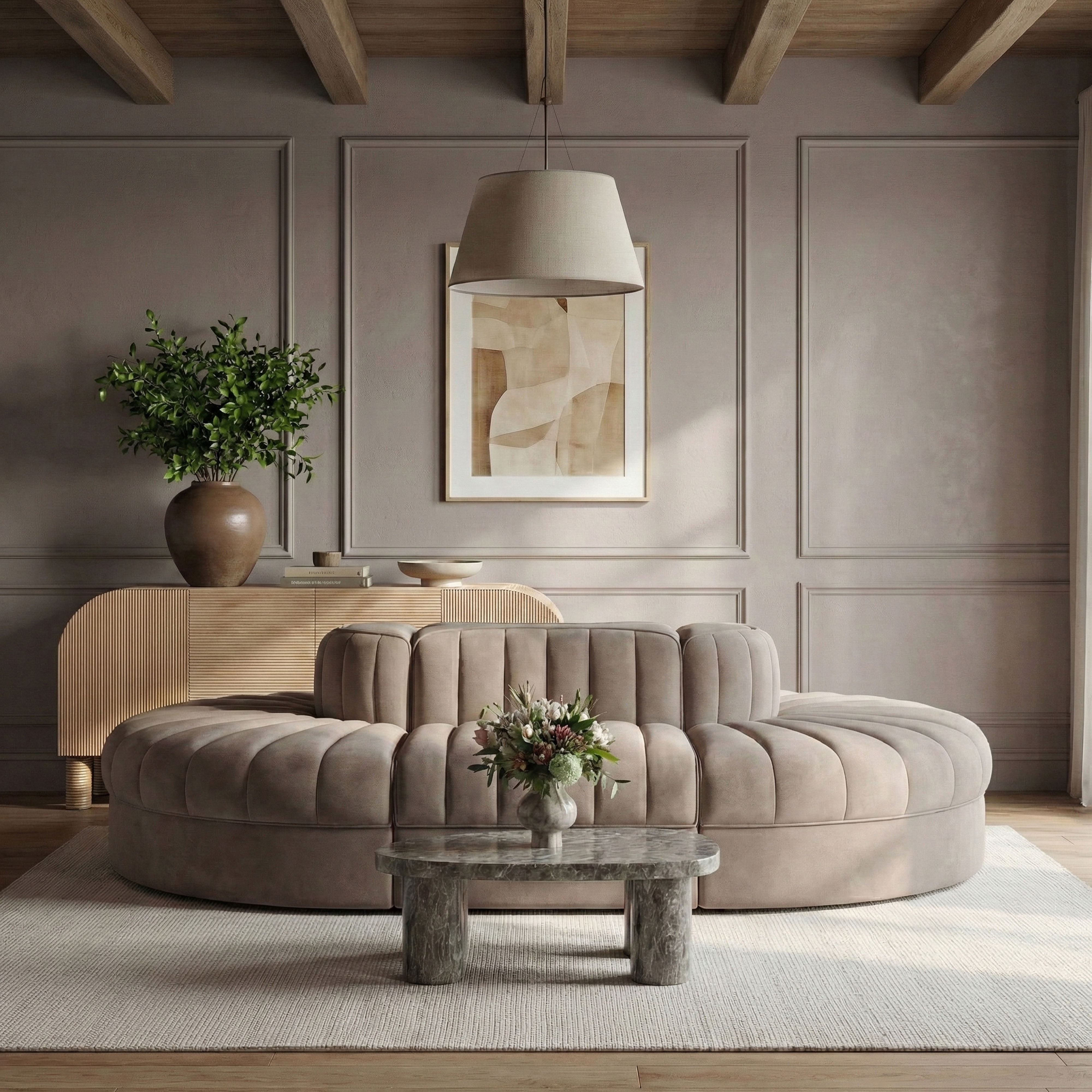 Rummi - Oval Velvet Performance Fabric Upholstered 6 Piece Modular Sectional - Taupe