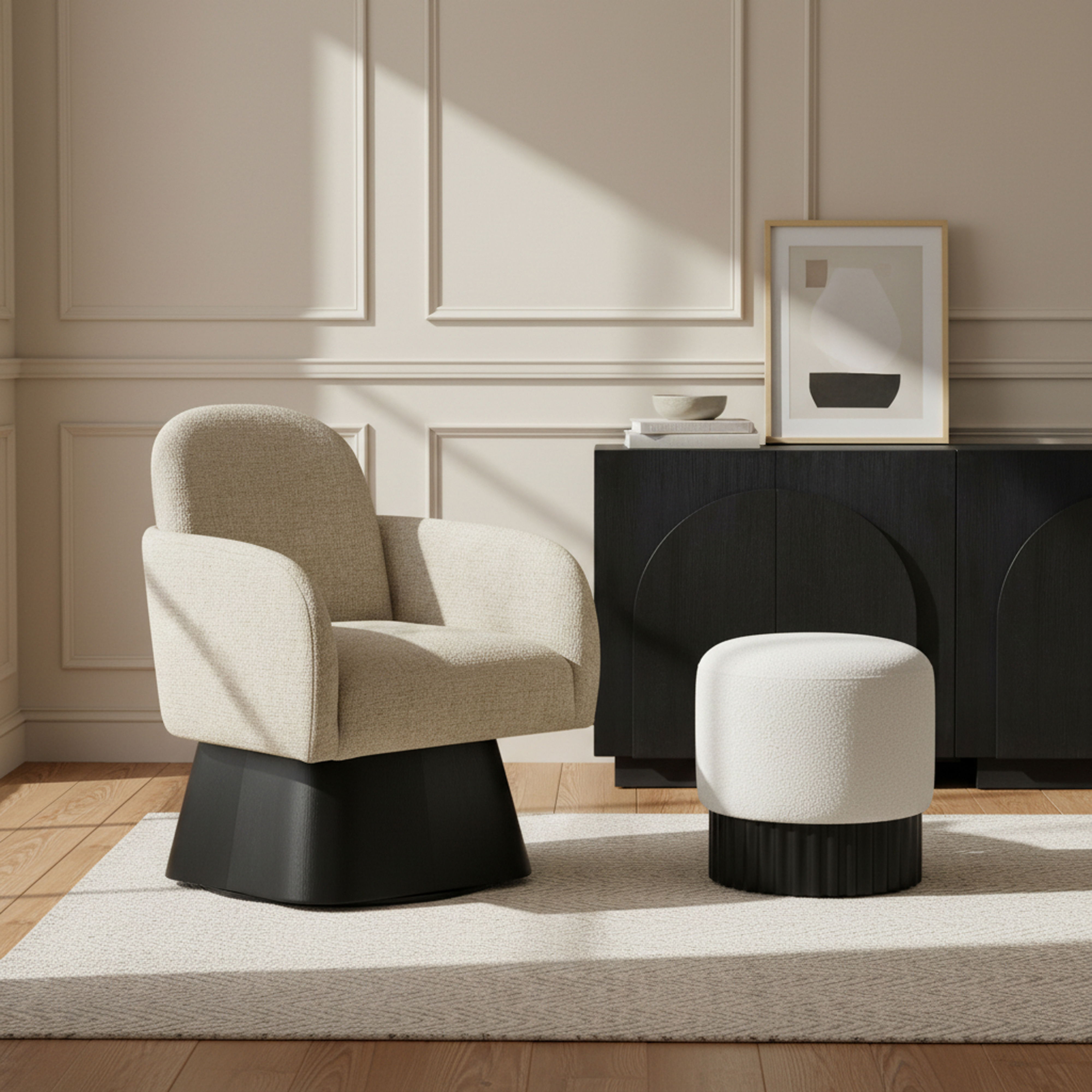 Marlowe - Linen Textured Fabric Upholstered Swivel Accent Chair - Beige / Stained Black