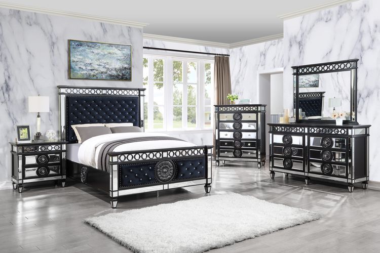 Varian II - Queen Bed - Mirrored, Dark Navy Blue Velvet & Black & Sliver, black, view 5