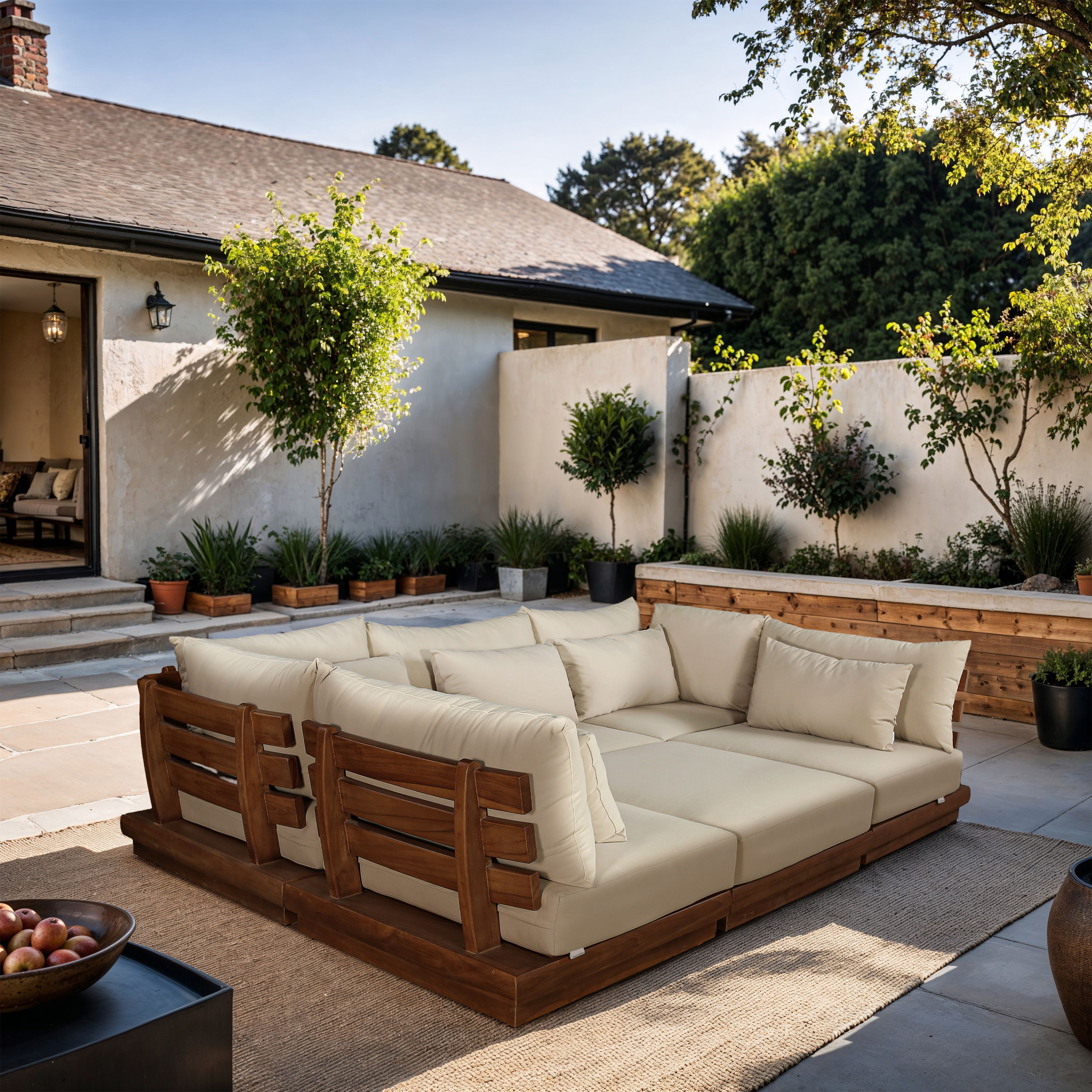 Mirella - 6 Piece Water Resistant Fabric 113" Upholstered Outdoor Patio Modular Sectional - Tan