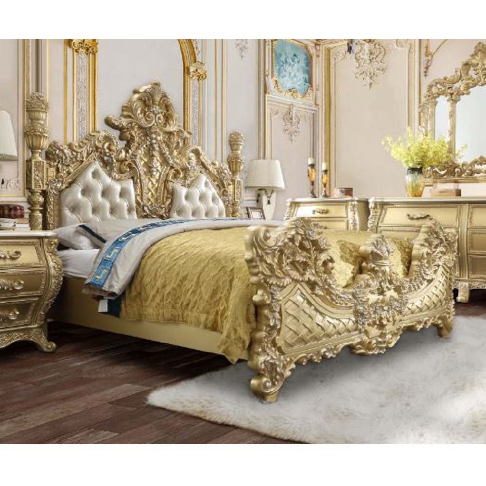 Cabriole - Eastern King Bed - Light Gold Synthetic Leather & Gold, gold