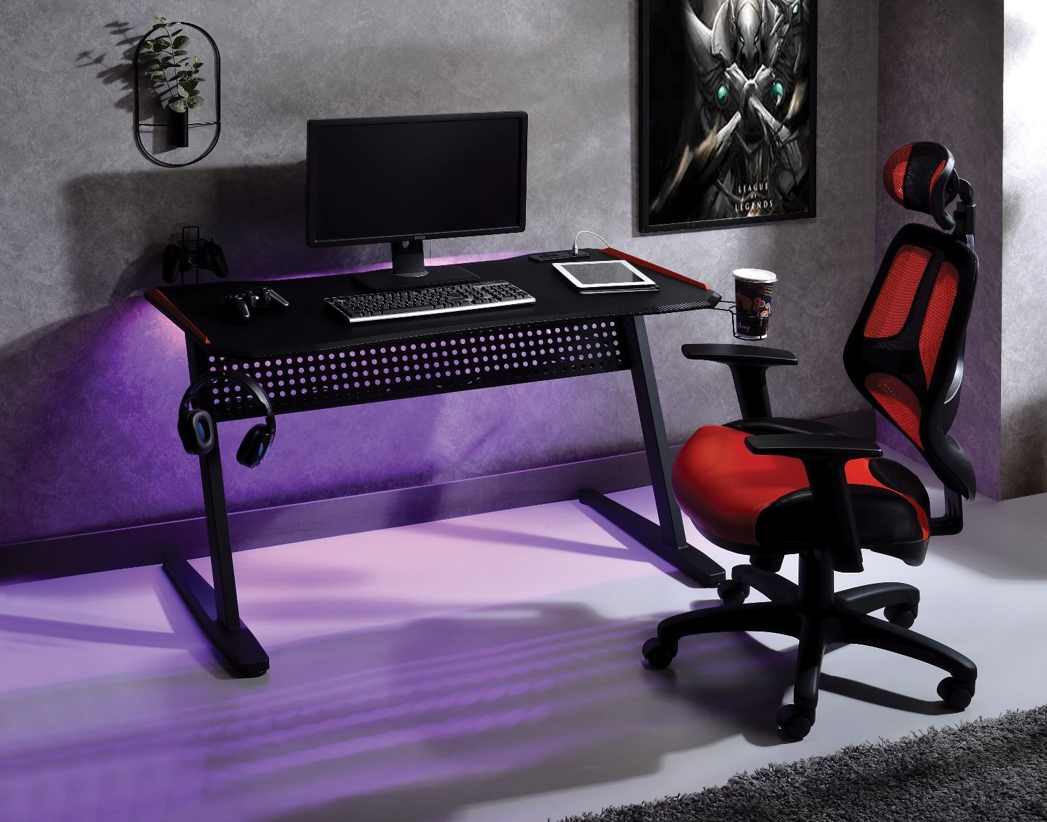 Dragi - Gaming Desk With USB - Black & Red, black, view 6