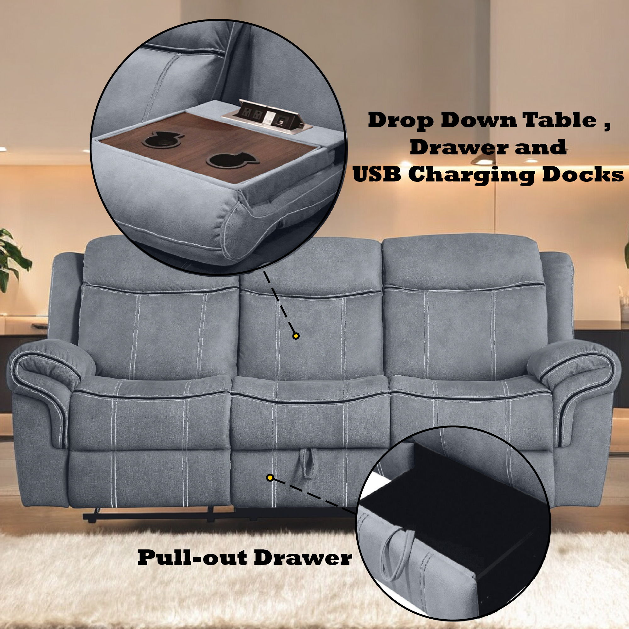 Zubaida - Motion Sofa & Console With USB - Two Tone Gray Velvet, dark gray, view 7